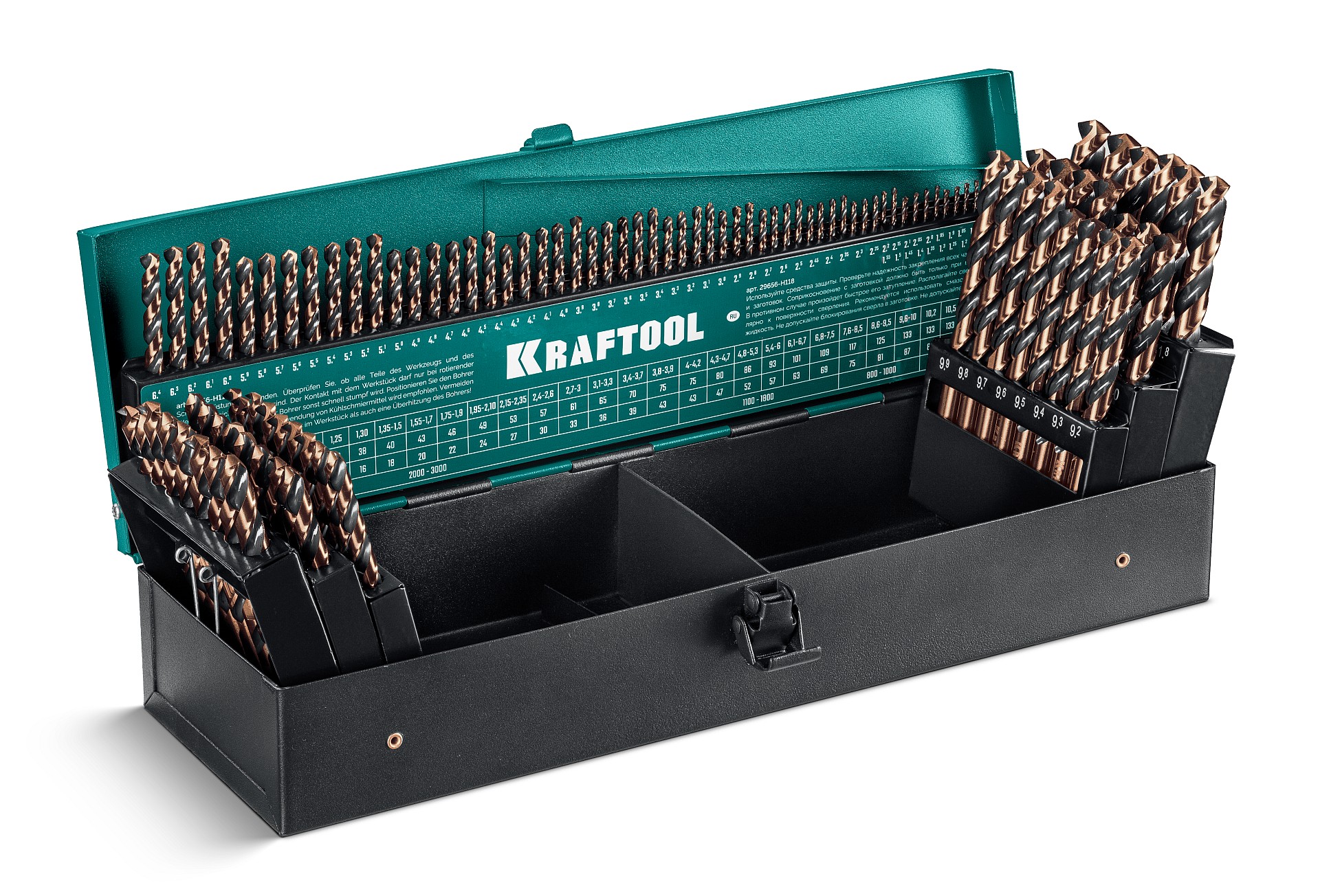KRAFTOOL Cobalt, 118 шт, (1-13 мм), сталь М42, HSS-Co(8%), набор сверл по металлу (29656-H118)