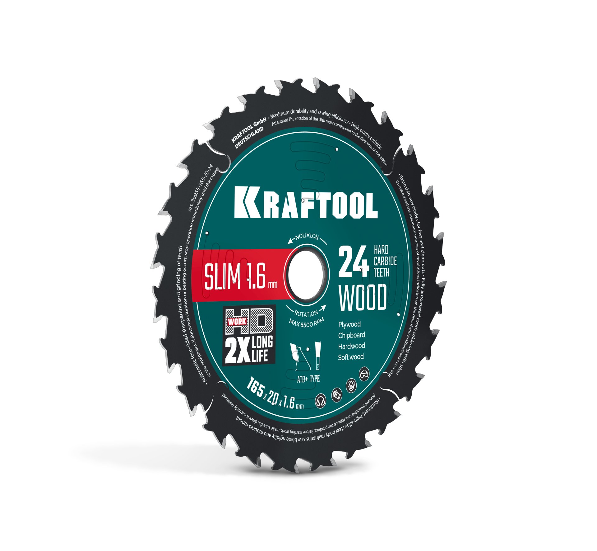 KRAFTOOL Slim wood cut 165 х 20 x 1.6 мм, 24Т, диск пильный по дереву, (36955-165-20-24)