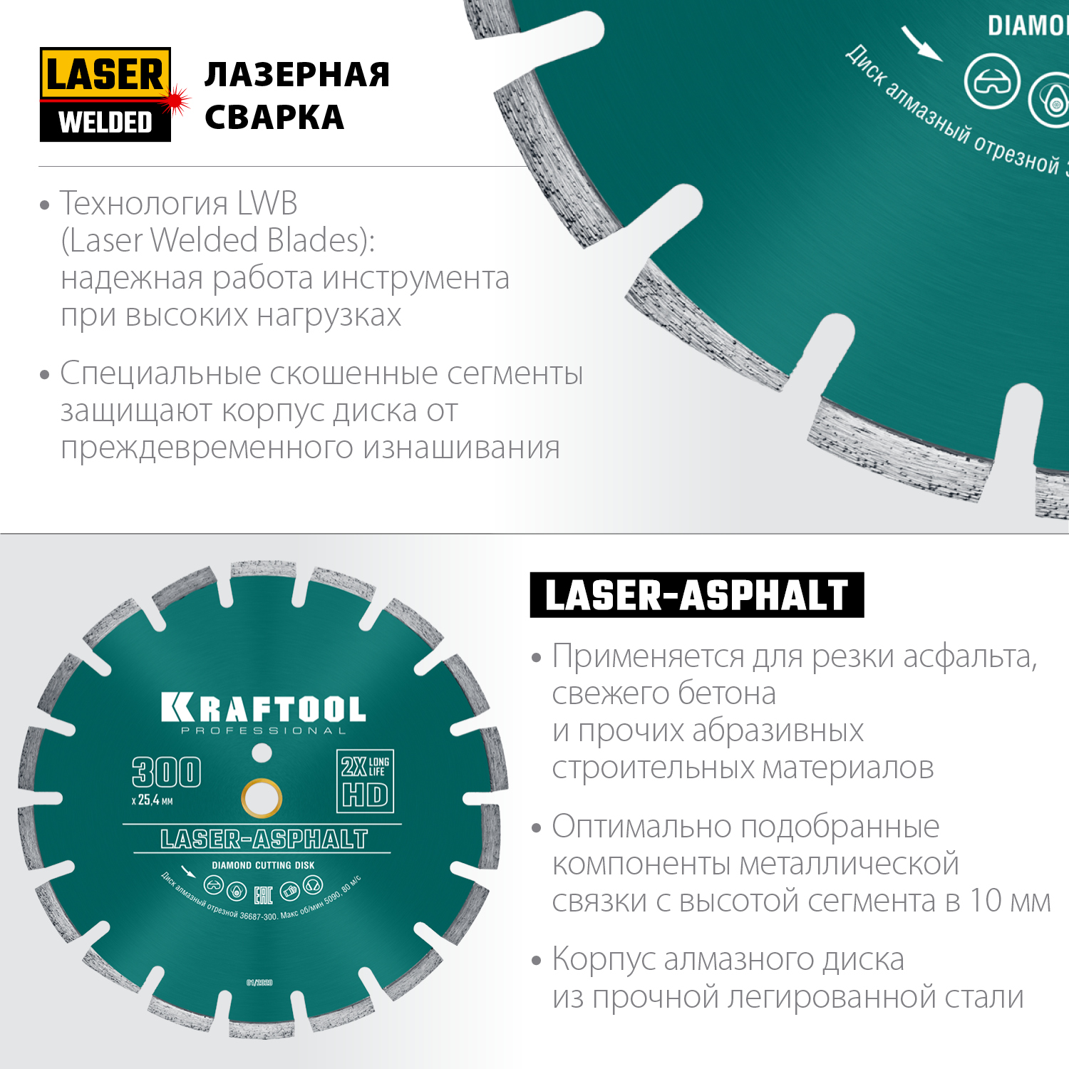 KRAFTOOL LASER-ASPHALT 300 мм (25.4/20 мм, 10х3.2 мм), алмазный диск (36687-300)
