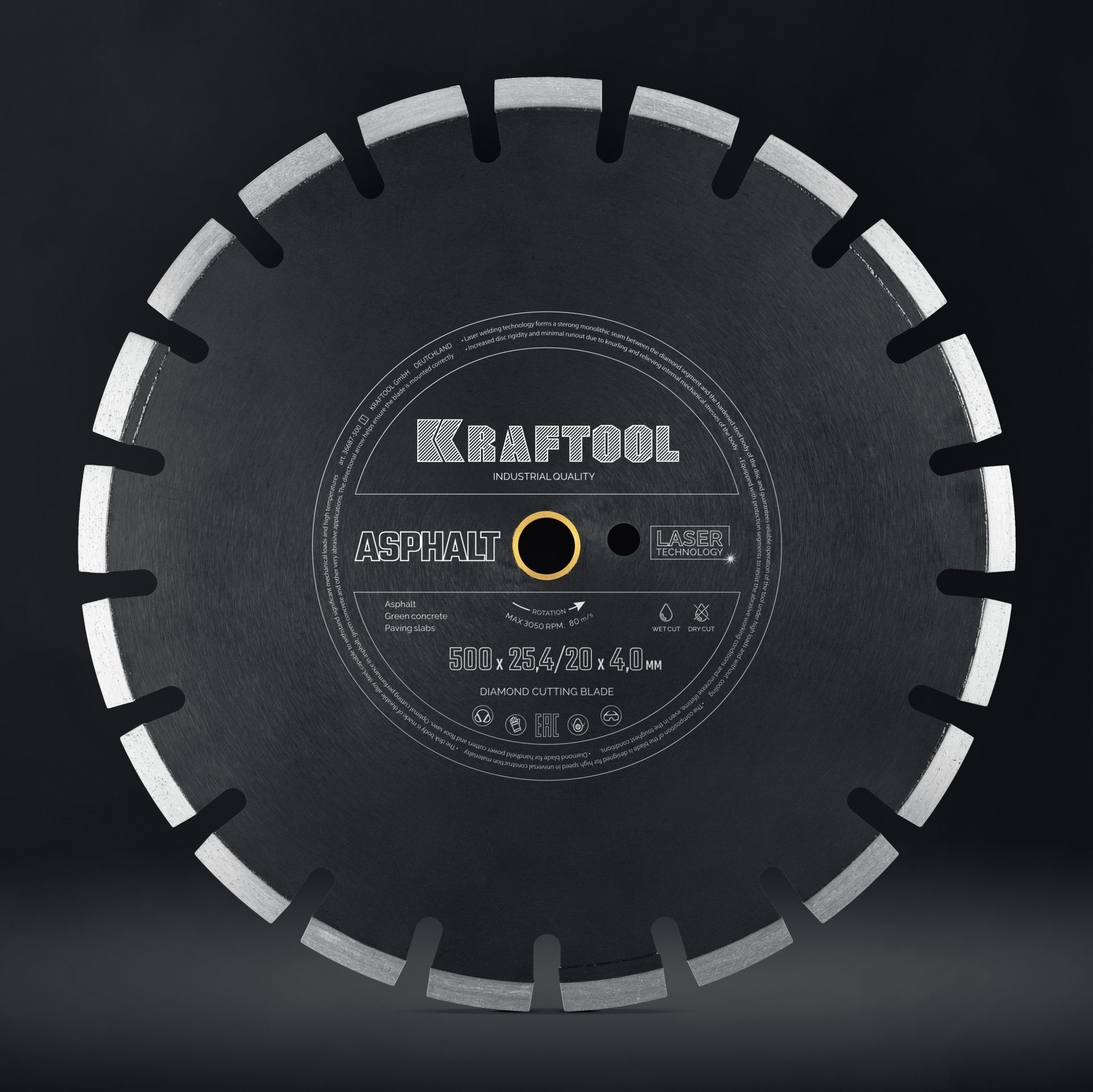 KRAFTOOL ASPHALT 500 мм (25.4/20 мм, 12х4.0 мм), алмазный диск (36687-500)