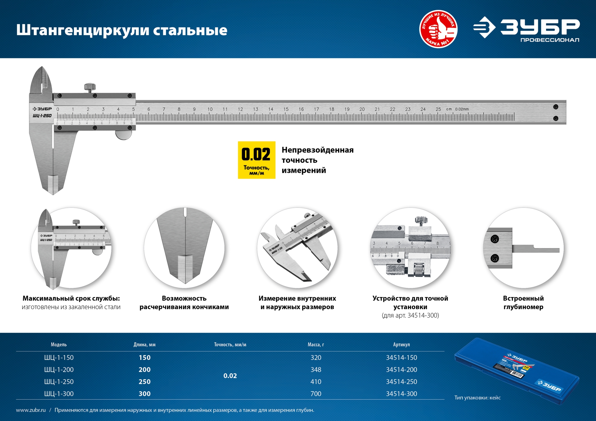 ЗУБР ШЦ-1-250, 250 мм, стальной штангенциркуль, Профессионал (34514-250)