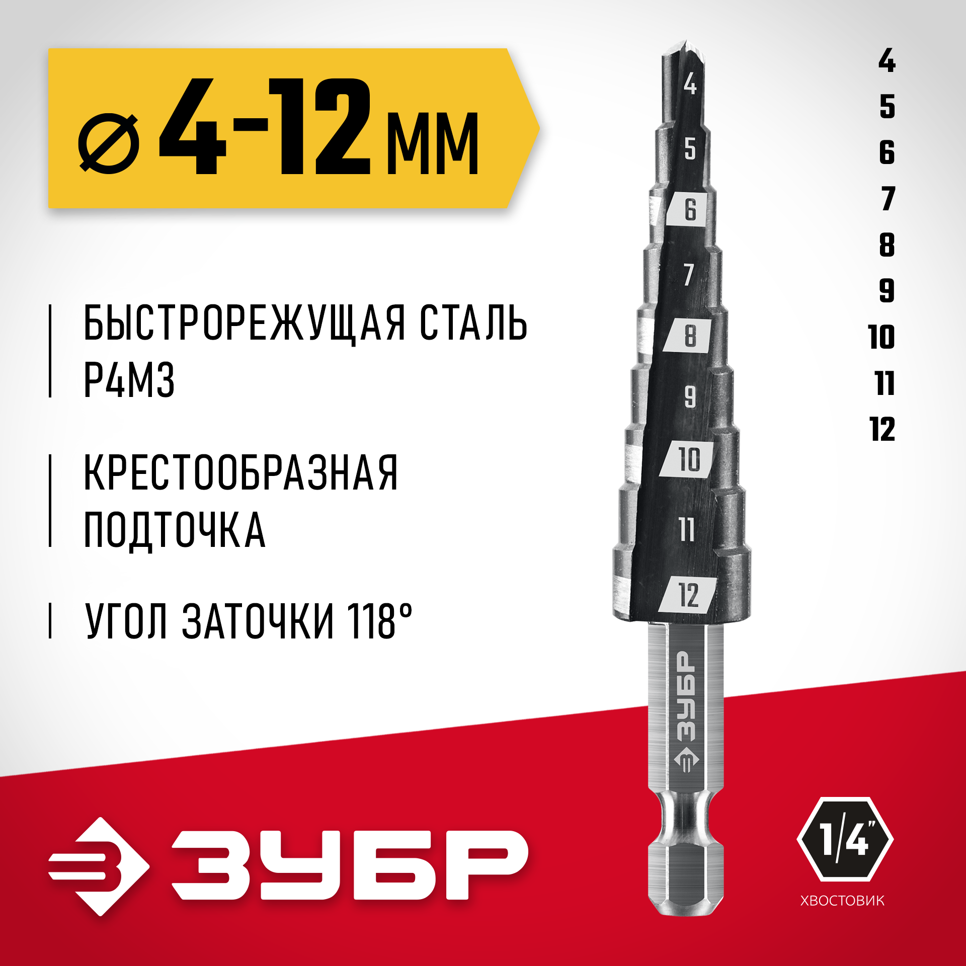 ЗУБР 4-12мм, 9 ступеней, сверло ступенчатое(29665-4-12-9)