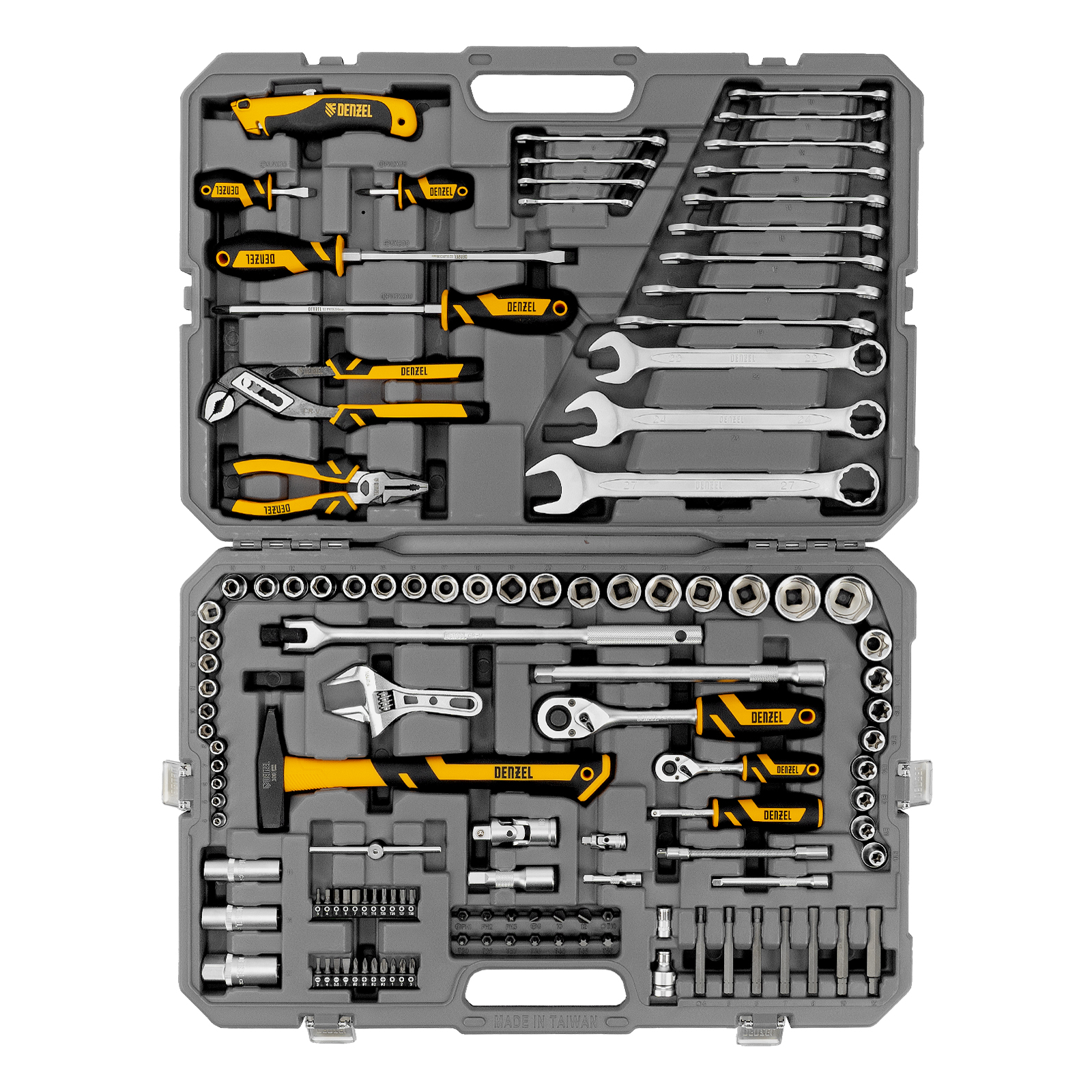 Набор инструментов, 1/2", 1/4", CrV, S2, пластиковый кейс, 122 предмета Denzel