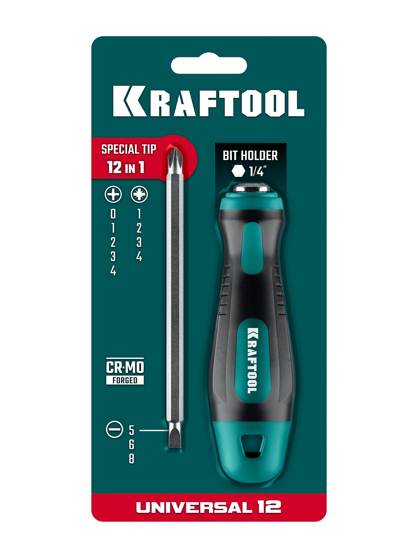 KRAFTOOL Universal-12, PH 0-1-2-3-4, PZ 1-2-3-4, SL 5, 6, 8 мм, 12-в-1, универсальная переставная отвертка с двусторонним стержнем (26168)