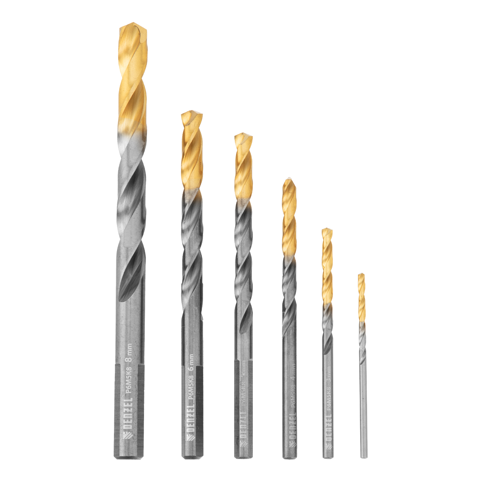 Набор сверл по металлу, 2-8мм, Р6М5К8-TiN, Golden Tip, 6 шт Denzel