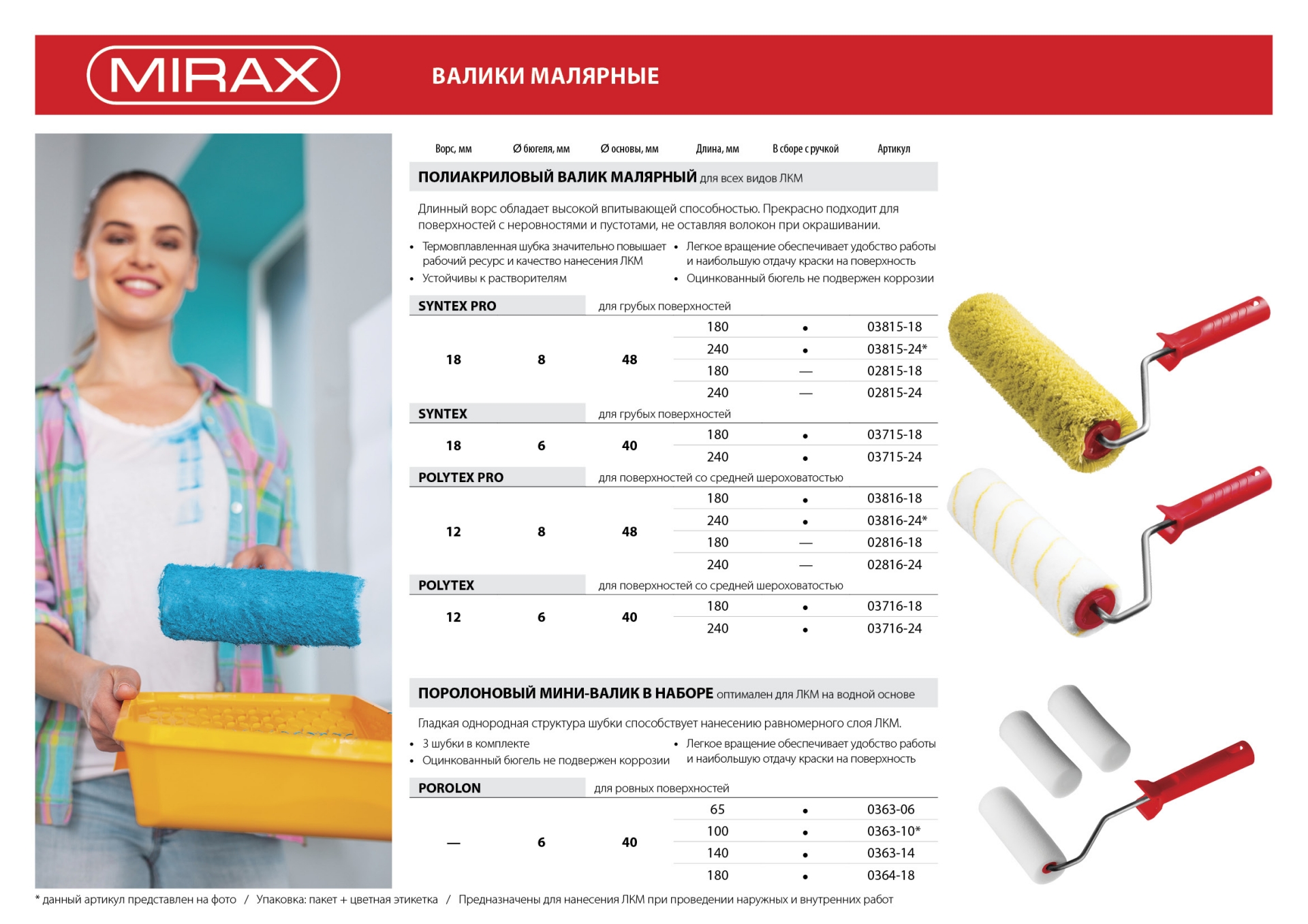 MIRAX ПОРОЛОН, 40 х 180 мм, бюгель 6 мм, 3 шубки + ручка, для водорастворимых ЛКМ, малярный валик в наборе (0364-18)