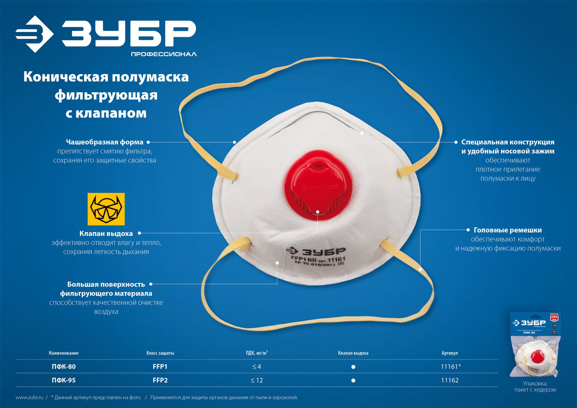 ЗУБР ПФК-95, класс защиты FFP2, коническая, фильтрующая полумаска с клапаном выдоха (11162)