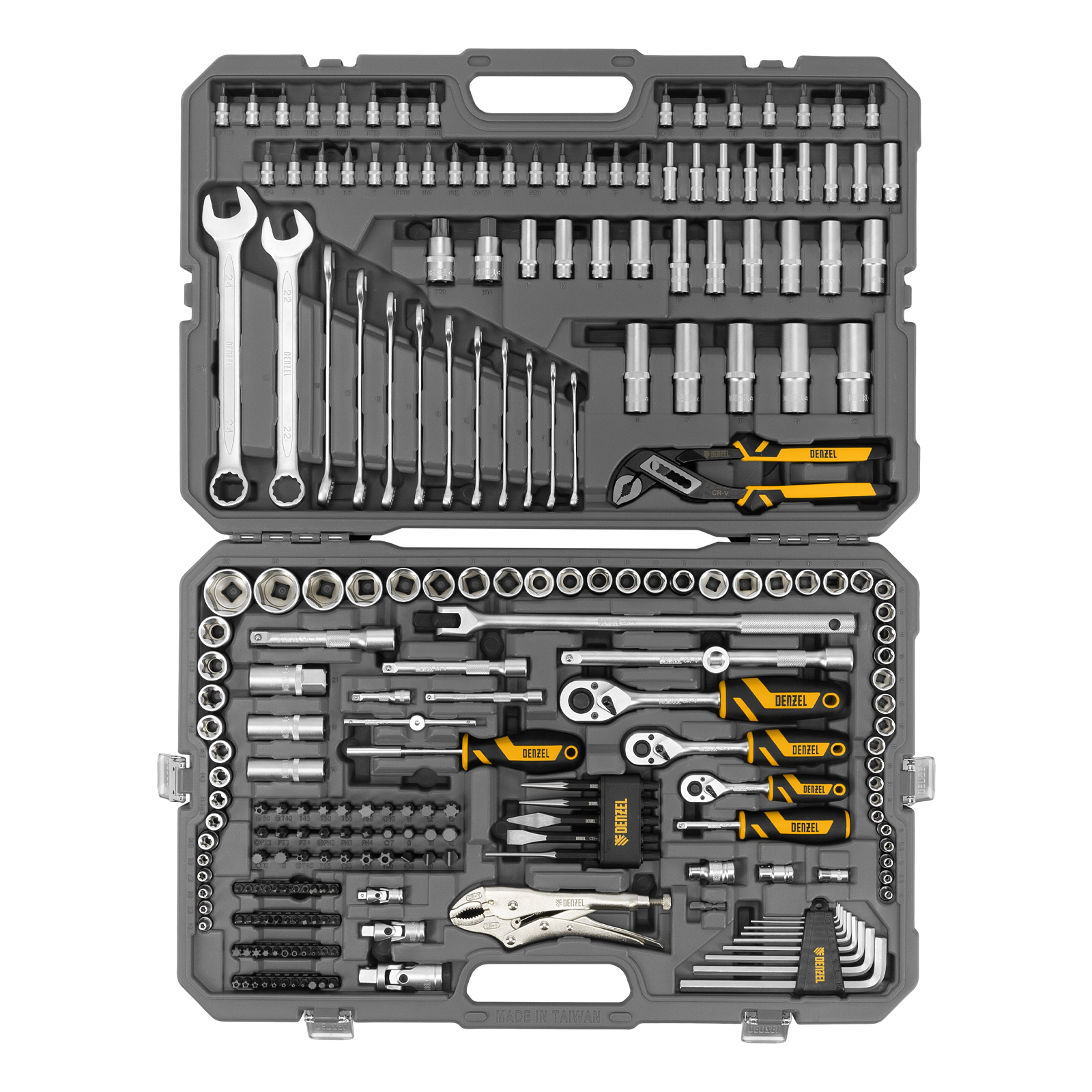 Набор инструментов, 1/2", 3/8", 1/4", CrV, S2, пластиковый кейс, 232 предмета Denzel