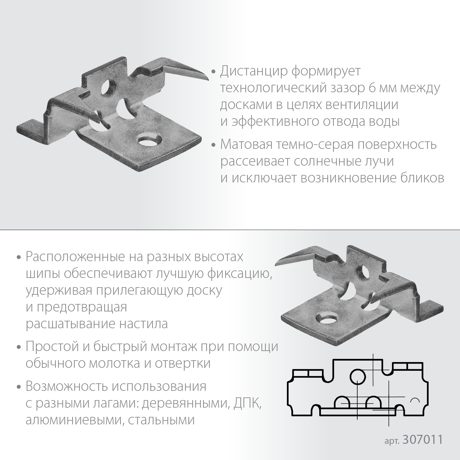 ЗУБР Союз-Антиблик набор скрытого крепежа с шипами для террасной доски, термодиф. покрытие, 60 шт, Профессионал (307011)