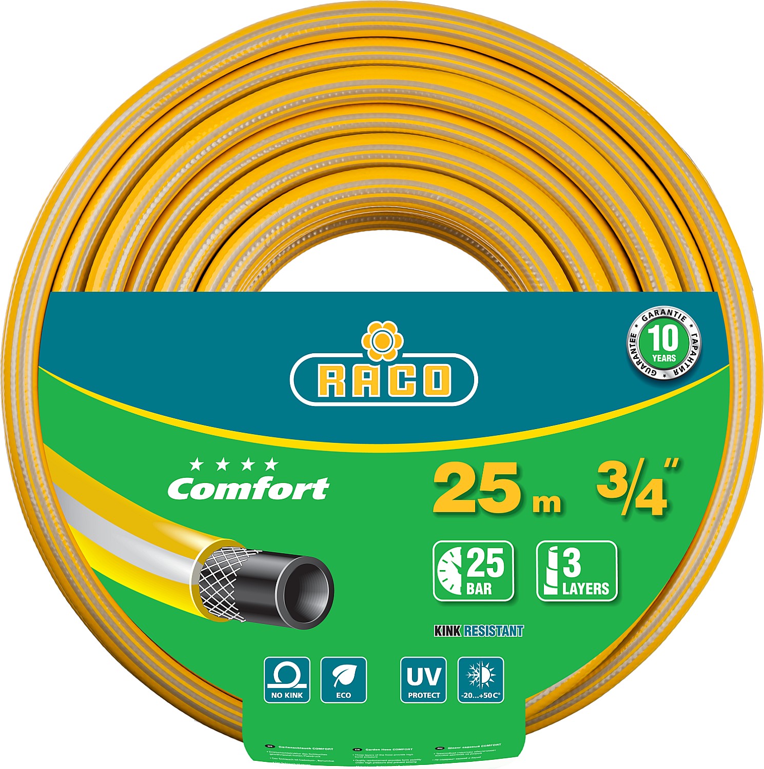 RACO COMFORT, 3/4″, 25 м, 25 атм, трёхслойный, армированный, поливочный шланг (40303-3/4-25)