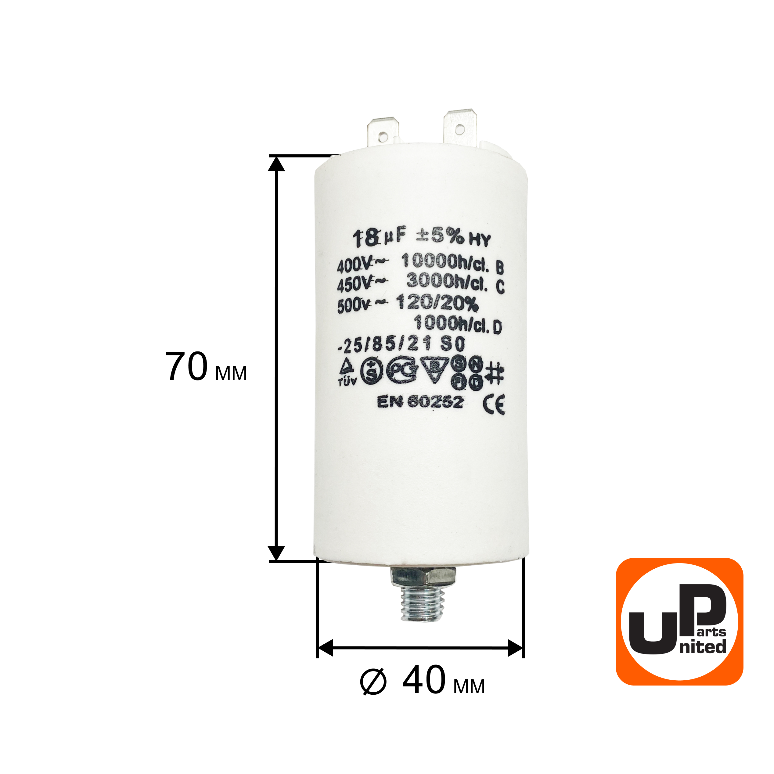 Конденсатор UNITED PARTS CBB60, 18 мкФ, 450В, 2 клеммы, шпилька M8 (90-0990), шт