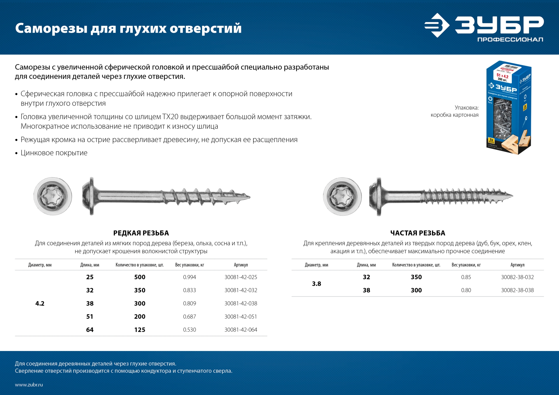 ЗУБР 38 х 4.2 мм, редкая резьба, ТХ20, цинк, 300 шт, саморез для глухих отверстий, Профессионал (30081-42-038)