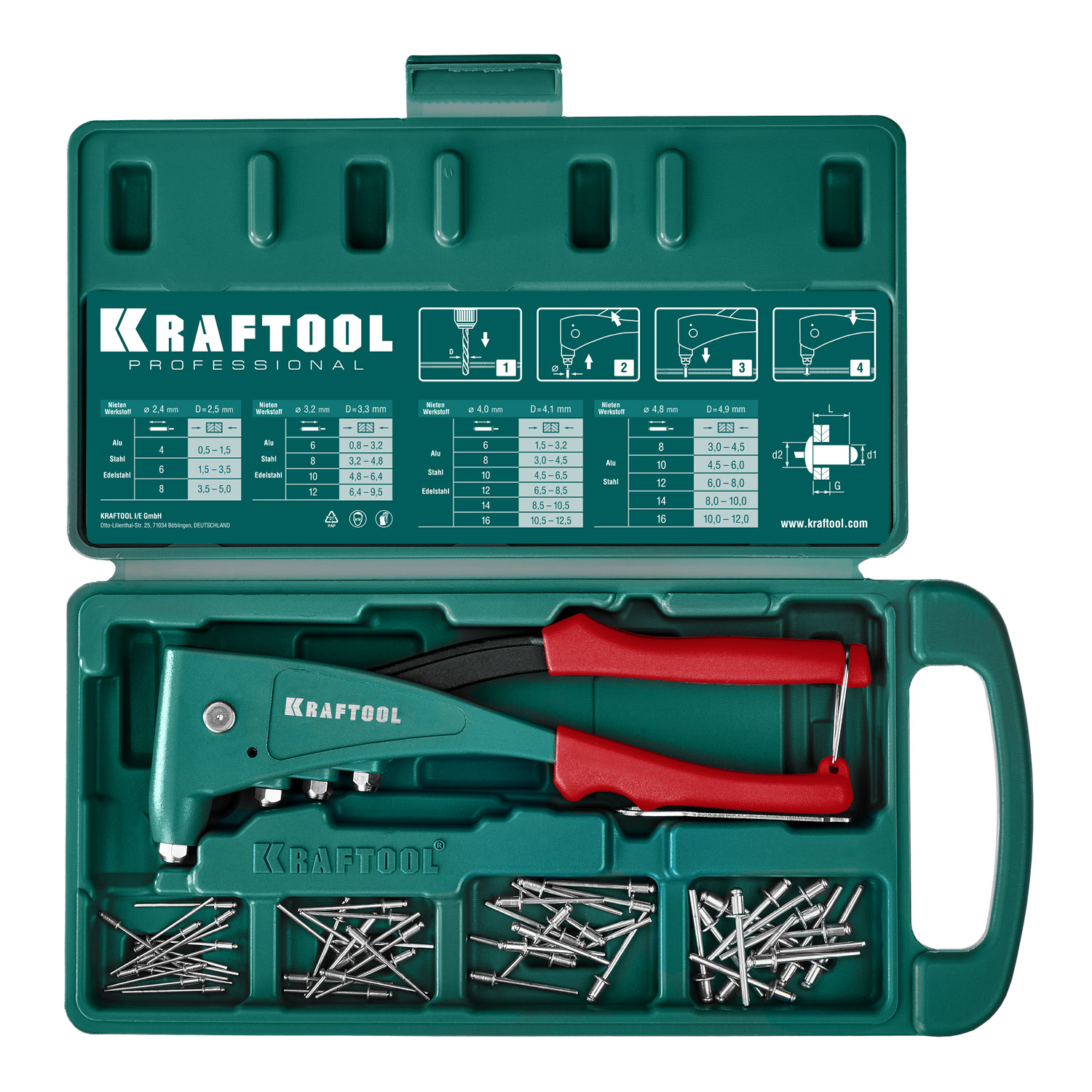 KRAFTOOL X-5F, 2.4 - 4.8 мм, 260 мм, удержание заклепки, литой заклепочник (31173)