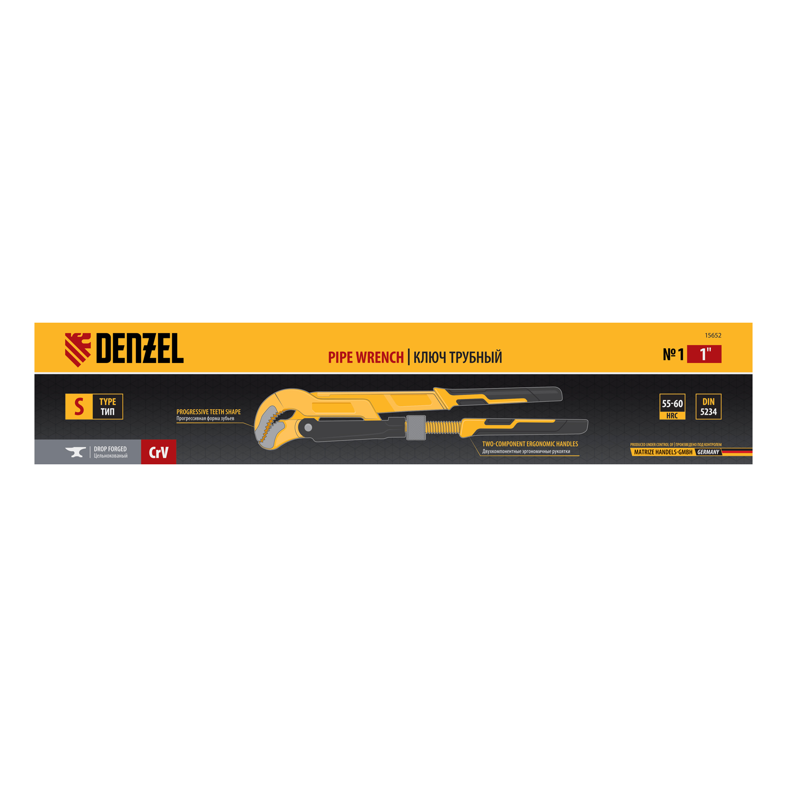 Ключ трубный рычажный №1, 1", цельнокованый, CrV, тип "S" Denzel