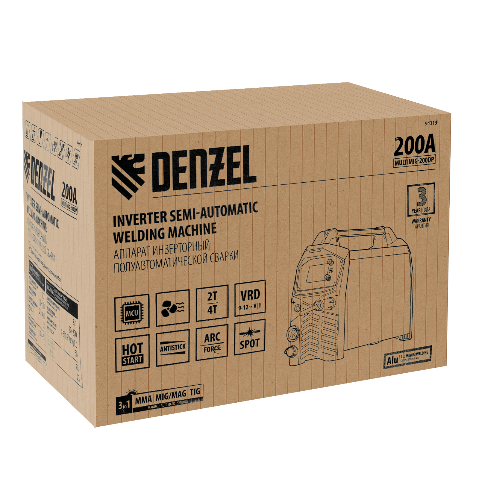 Аппарат инвертор. полуавтомат. сварки MultiMIG-200DP Synergy Double Pulse, 200 А, ПВ 80% Denzel