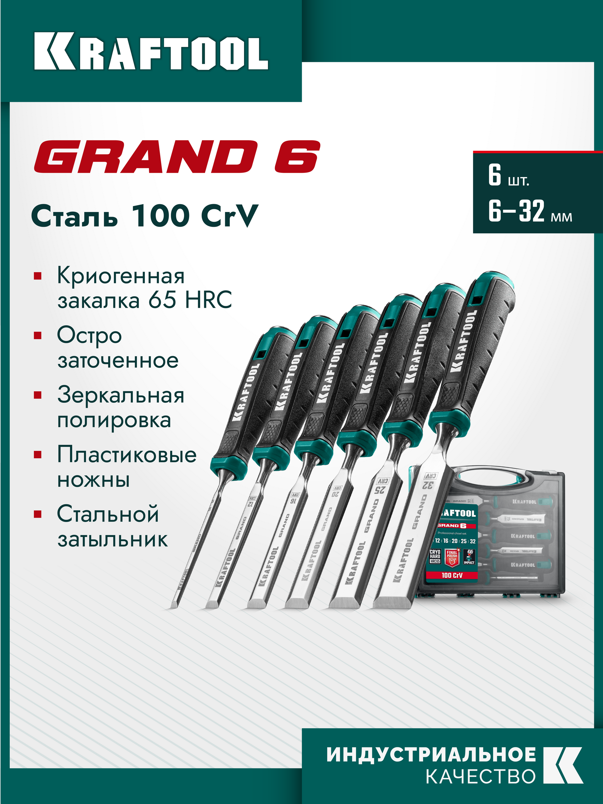 KRAFTOOL GRAND-6 набор стамесок-долот с двухкомпонентной рукояткой, 6 шт