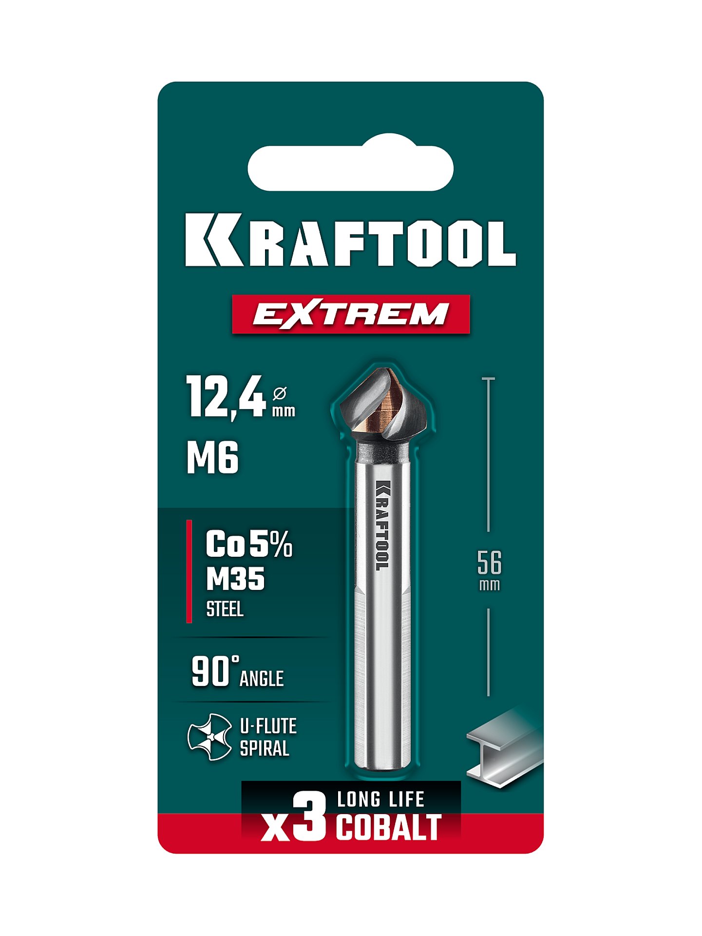 KRAFTOOL EXTREM, d 12.4х8х56 мм, Z3, 90°, сталь M35, U-образная спираль, зенковка (29734-6)