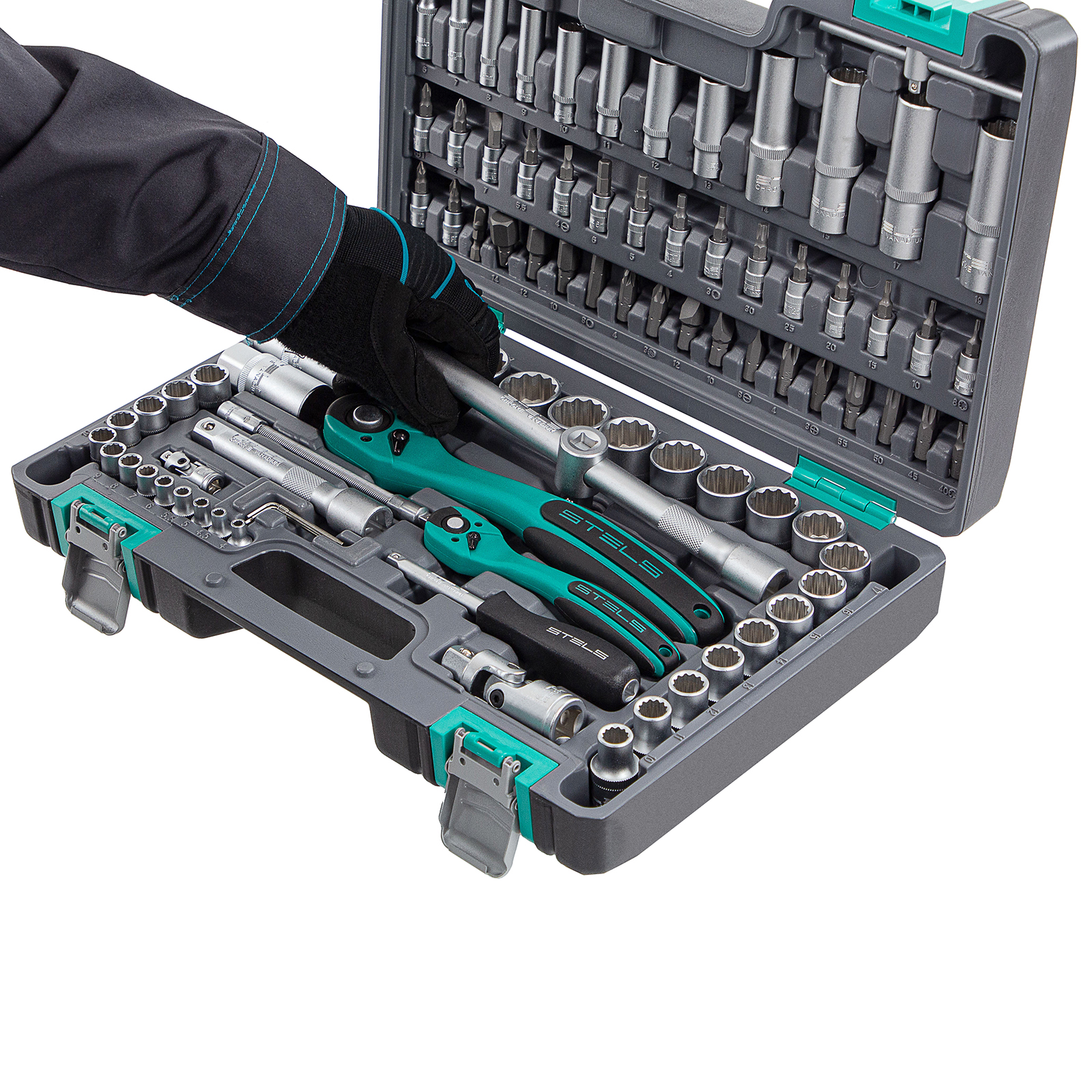 Набор инструментов 1/2", 1/4", CrV, 12 гранные головки, пластиковый кейс, 94 предмета Stels