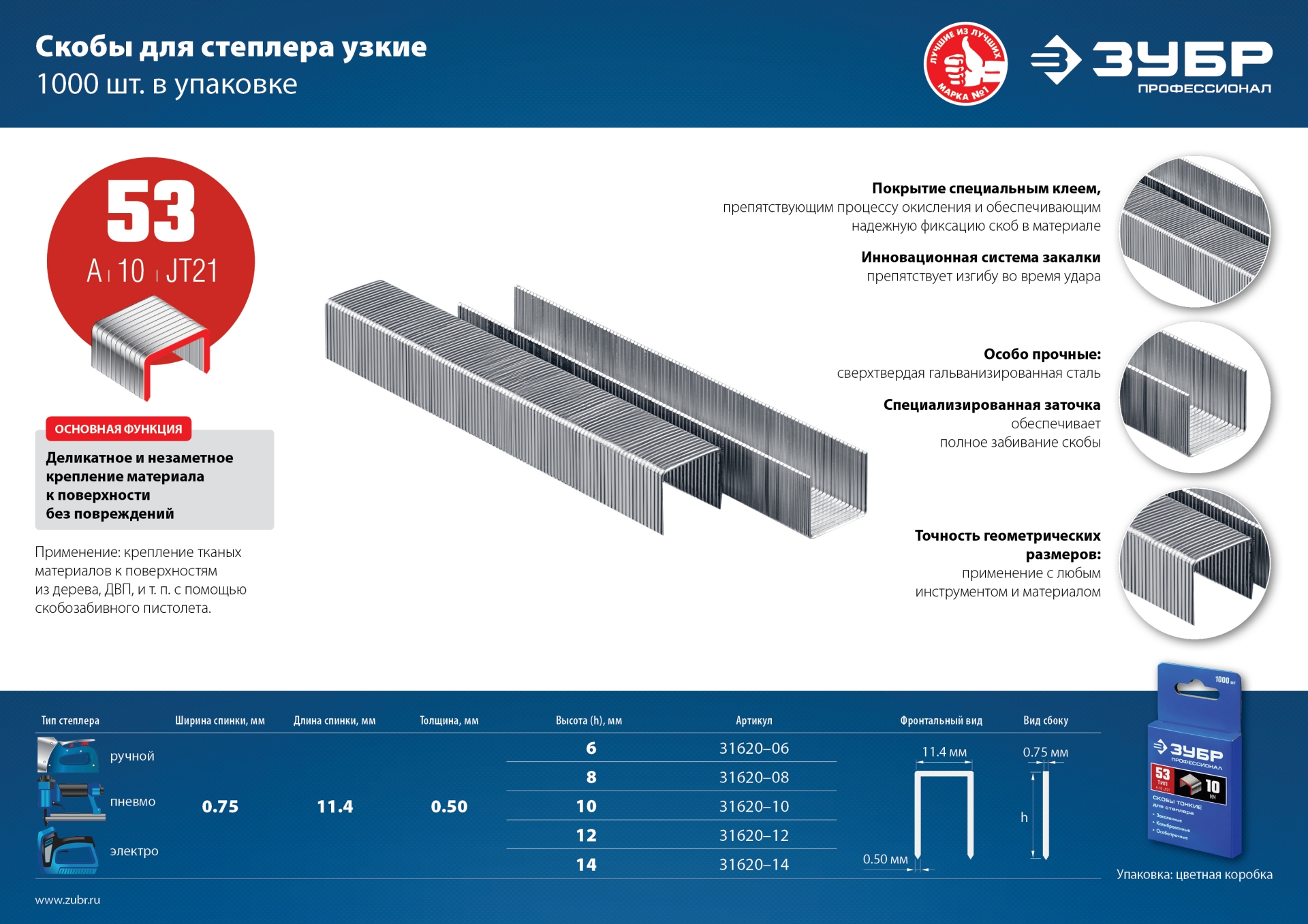 ЗУБР скобы тип 53 (A/10/JT21), 12 мм, калибр 23GA. 1000 шт. Профессионал (31620-12)