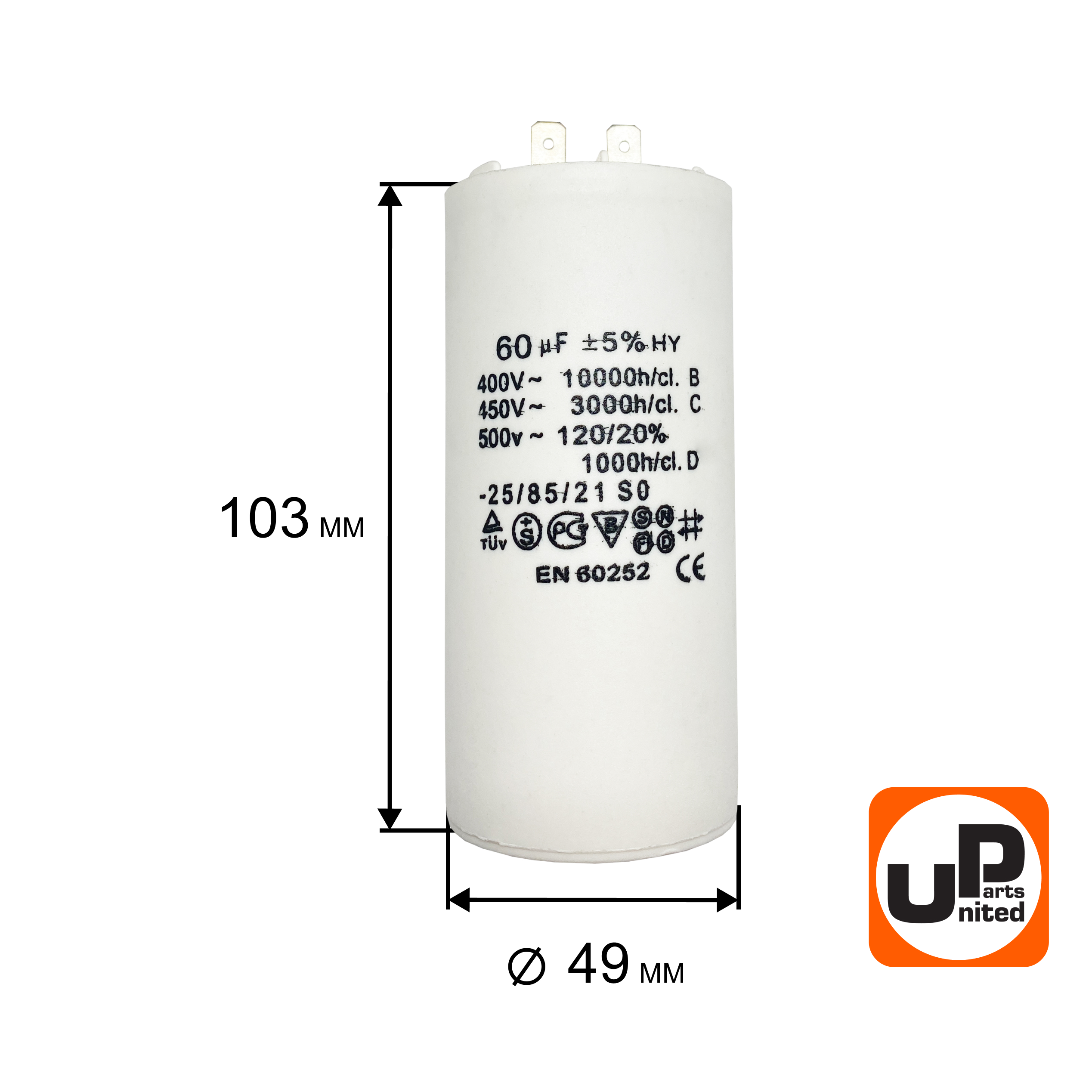 Конденсатор UNITED PARTS CBB60, 60 мкФ, 450В, 2 клеммы (90-0984), шт