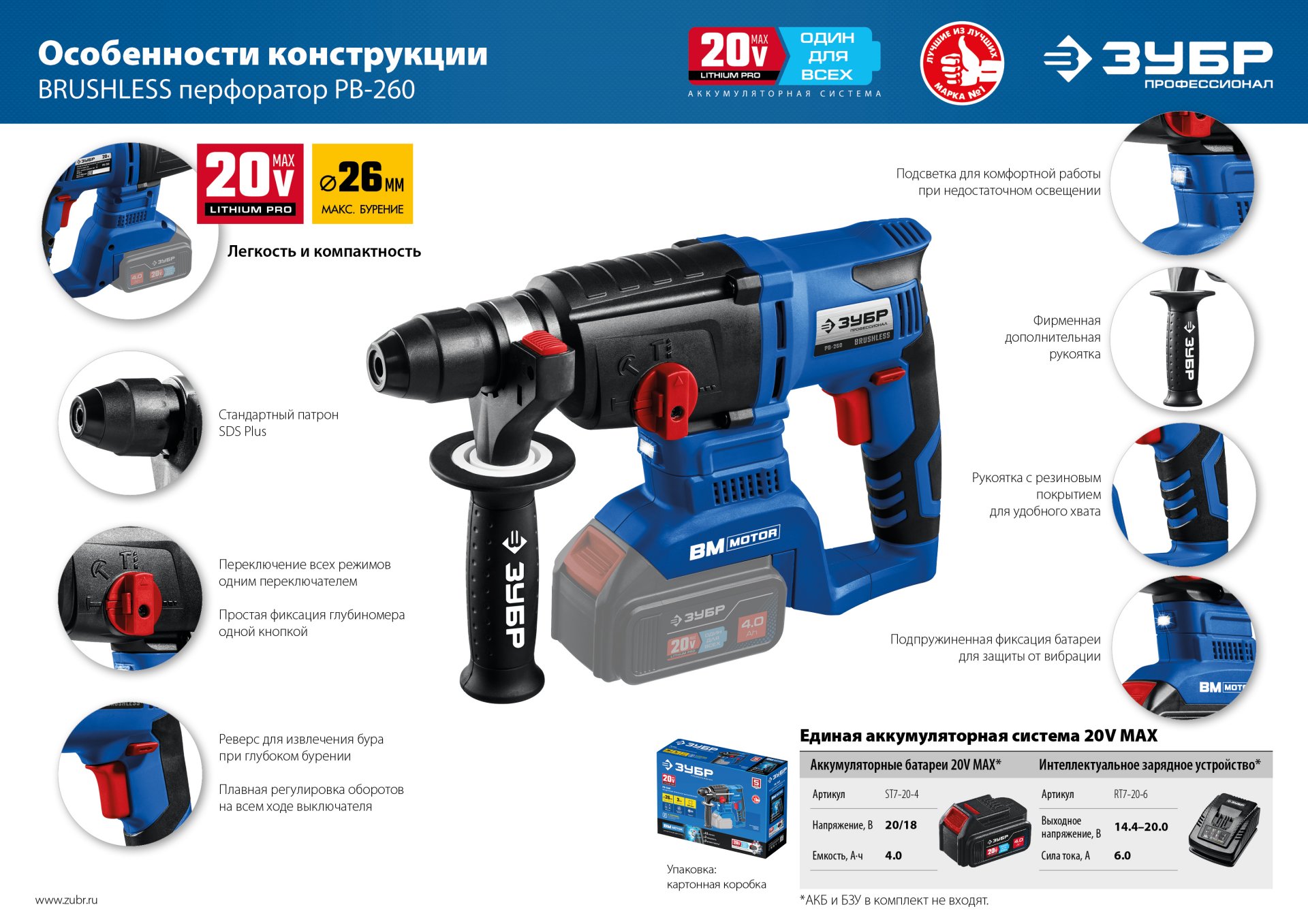 ЗУБР Т7, 20 В, 26 мм, без АКБ, бесщеточный перфоратор, Профессионал (PB-260)