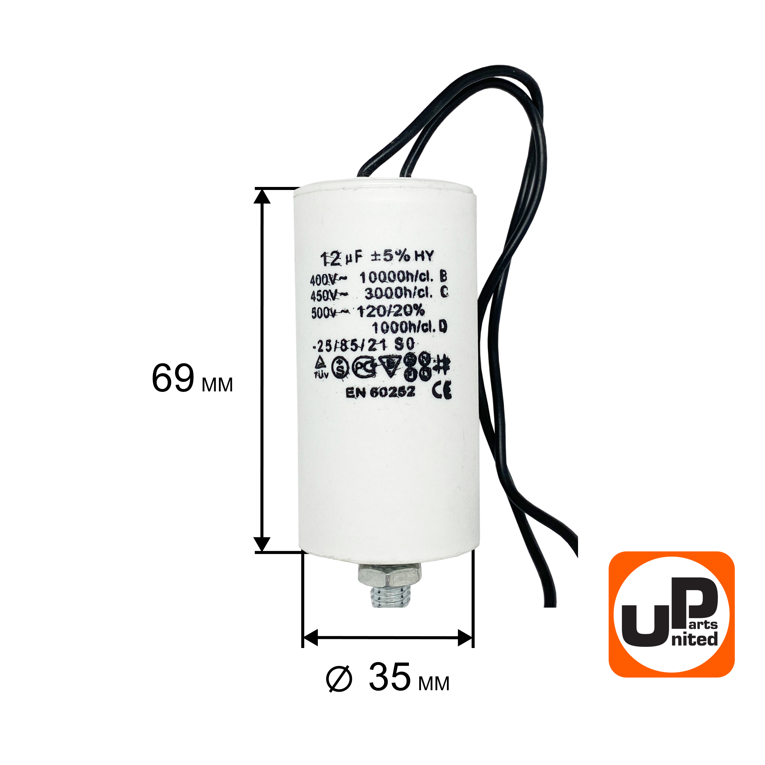 Конденсатор UNITED PARTS CBB60, 12 мкФ, 450В, гибкие выводы, шпилька М8 (90-1002), шт