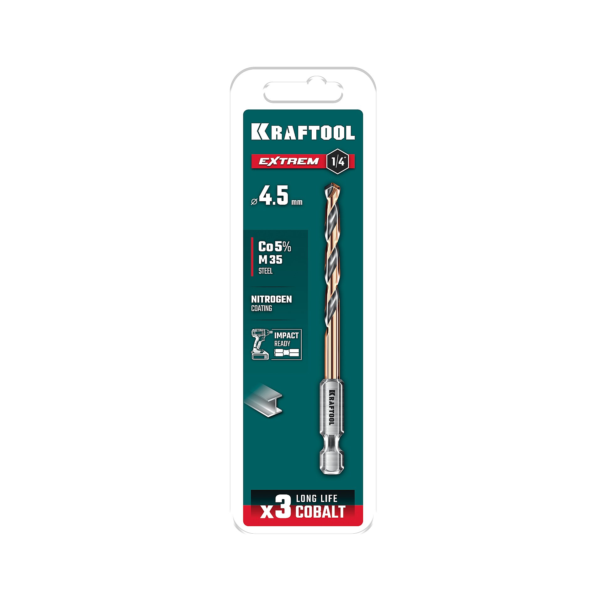 KRAFTOOL НЕХ-1/4″, d 4.5 х 87 мм, сверло по металлу для винтовёртов и шуруповертов IMPACT READY (29652-4.5)