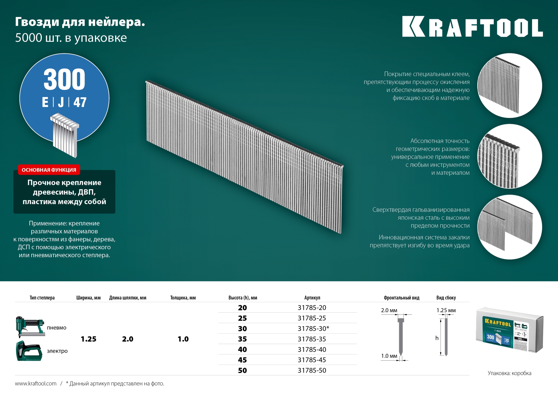 KRAFTOOL гвозди тип 300 (47/J/ F), 40 мм, калибр 18GA. 5000 шт (31785-40)