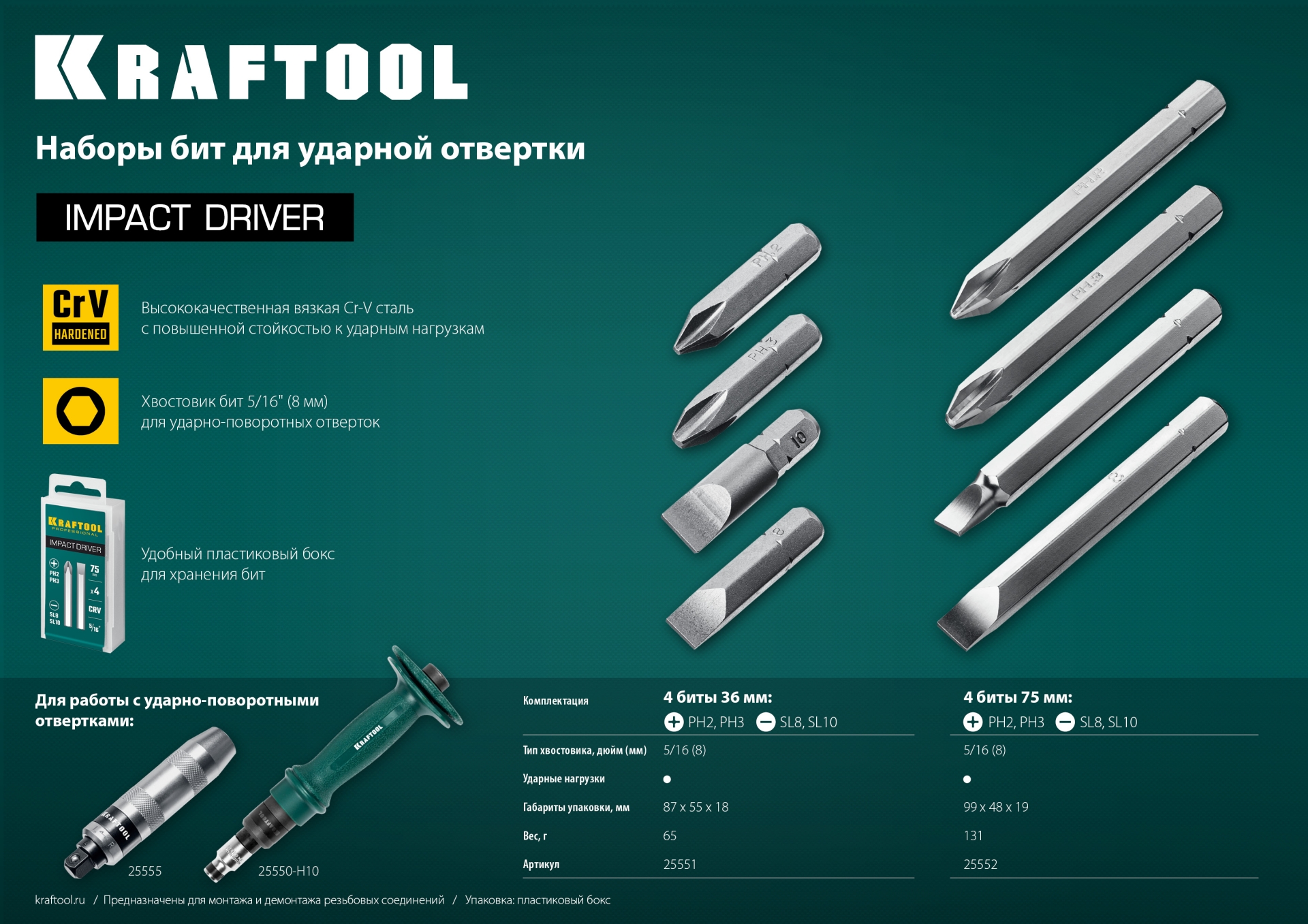 KRAFTOOL 75 мм, 4 шт, набор бит для ударной отвертки (25552)