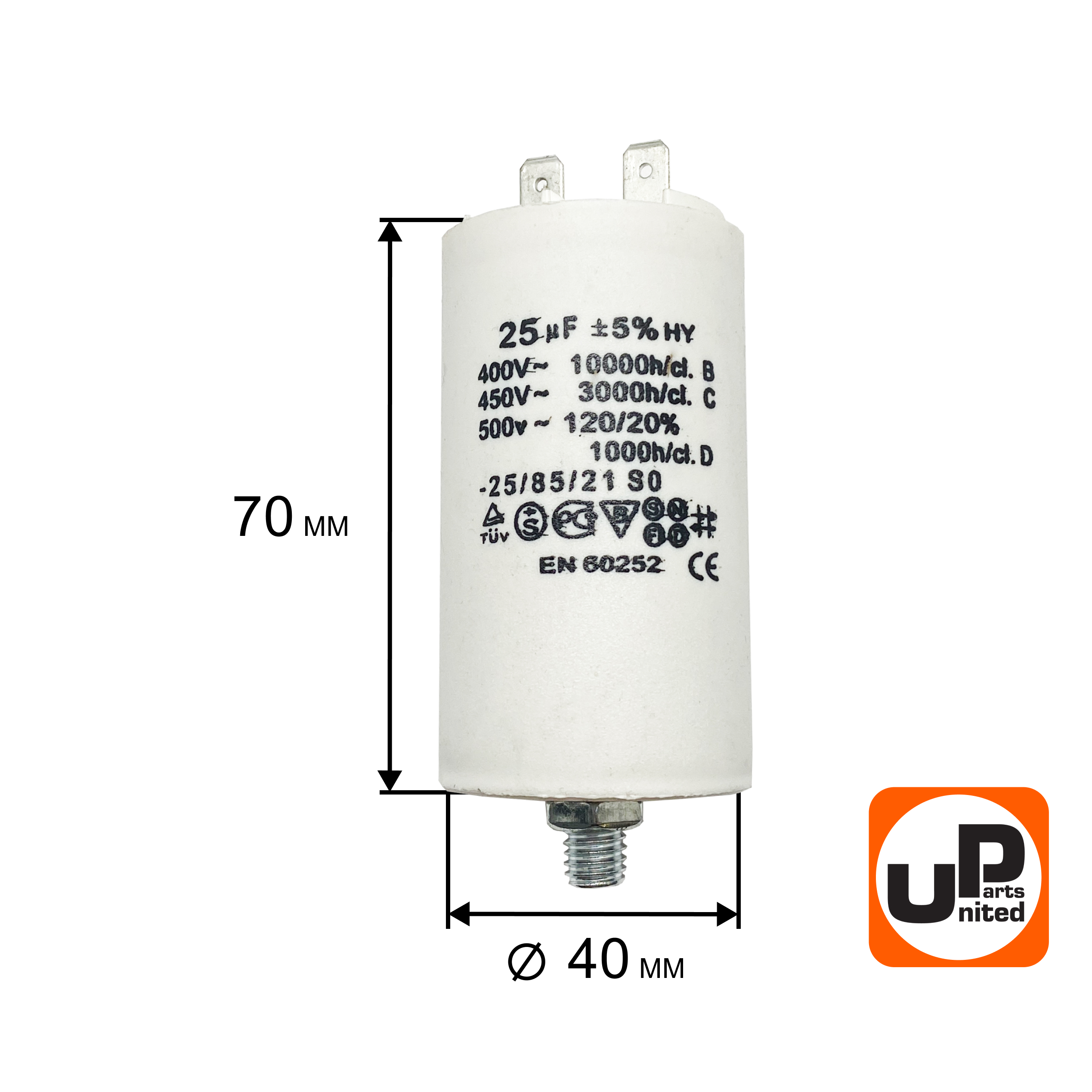 Конденсатор UNITED PARTS CBB60, 25 мкФ, 450В, 2 клеммы, шпилька M8 (90-0992), шт