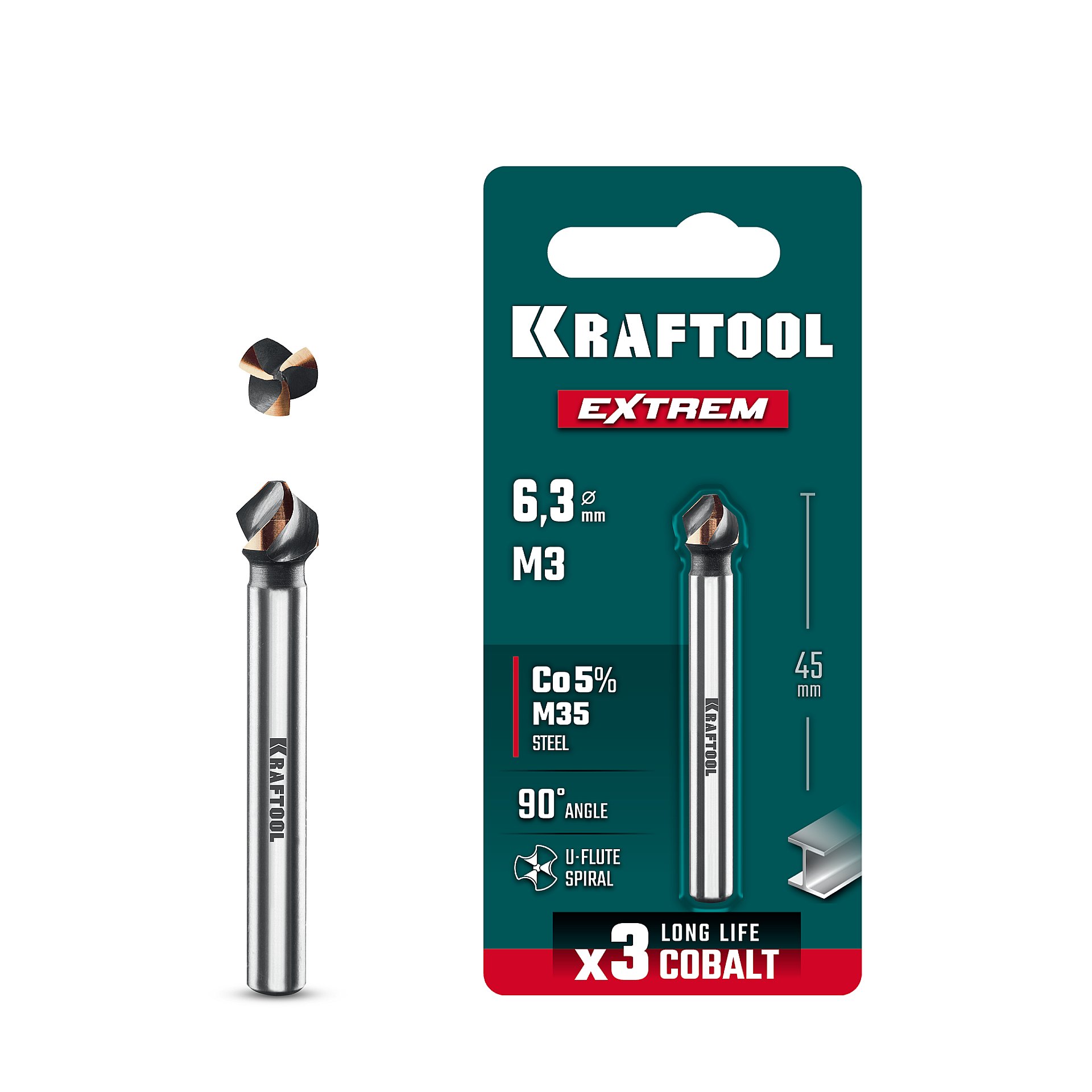 KRAFTOOL EXTREM, d 6.3x5х45 мм, Z3, 90°, сталь M35, U-образная спираль, зенковка (29734-3)