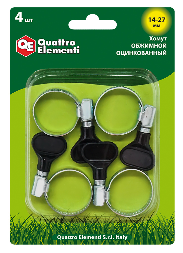 Хомут обжимной QUATTRO ELEMENTI   14-27 мм, оцинкованный, с ключом 4 шт в блистере