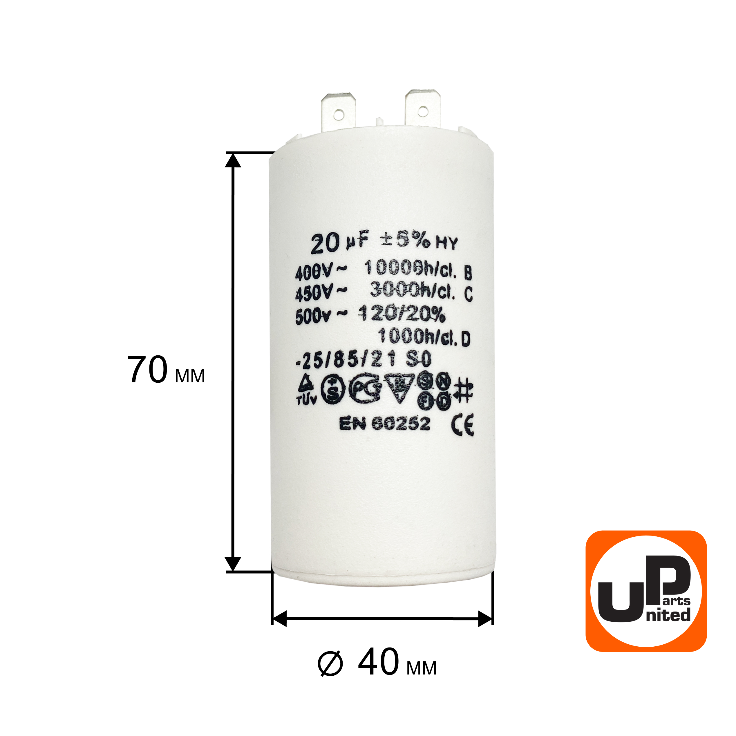 Конденсатор UNITED PARTS CBB60, 20 мкФ, 450В, 2 клеммы (90-0977), шт