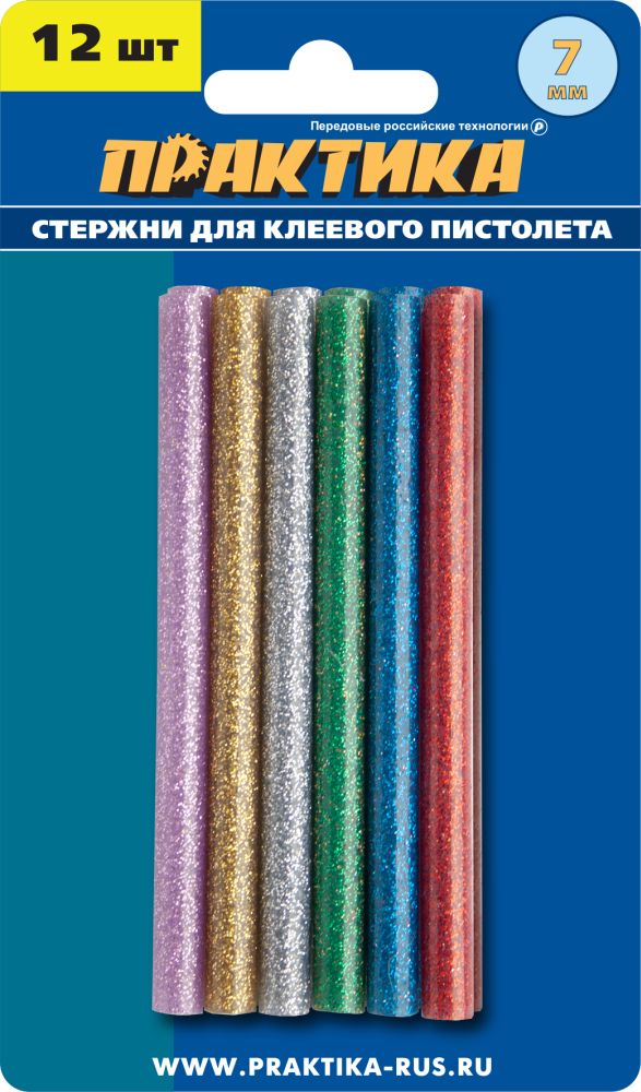 Клей для клеевого пистолета ПРАКТИКА цветные, 6 цветов,  металлик, 7 х 100 мм, 12шт / блистер