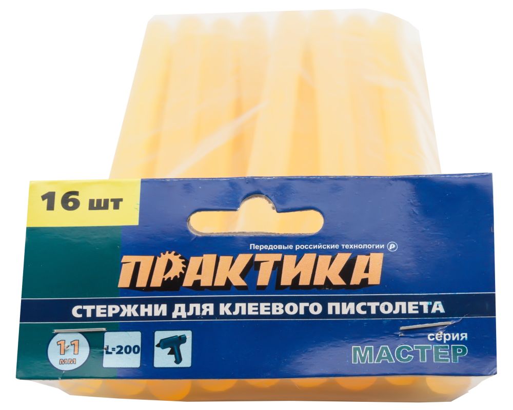 Клей для клеевого пистолета ПРАКТИКА желтый, прозрачный, 11 х 200 мм, 16 шт / пакет с подвесом