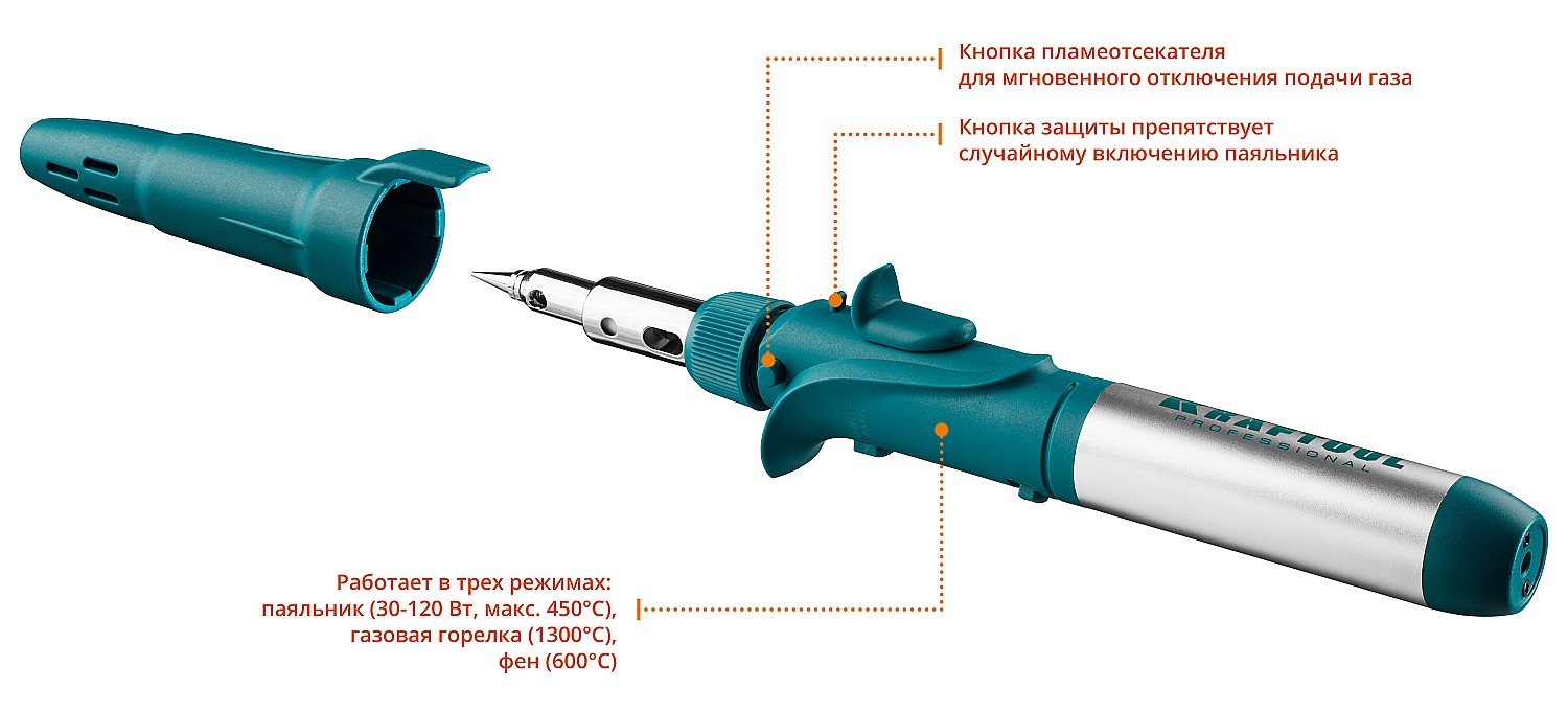 KRAFTOOL SolderGas, 120 K, 30 - 120 Вт, 1300°С, горелка, фен, пьезоподжиг, набор 10 в 1, газовый паяльник (55503-H10)