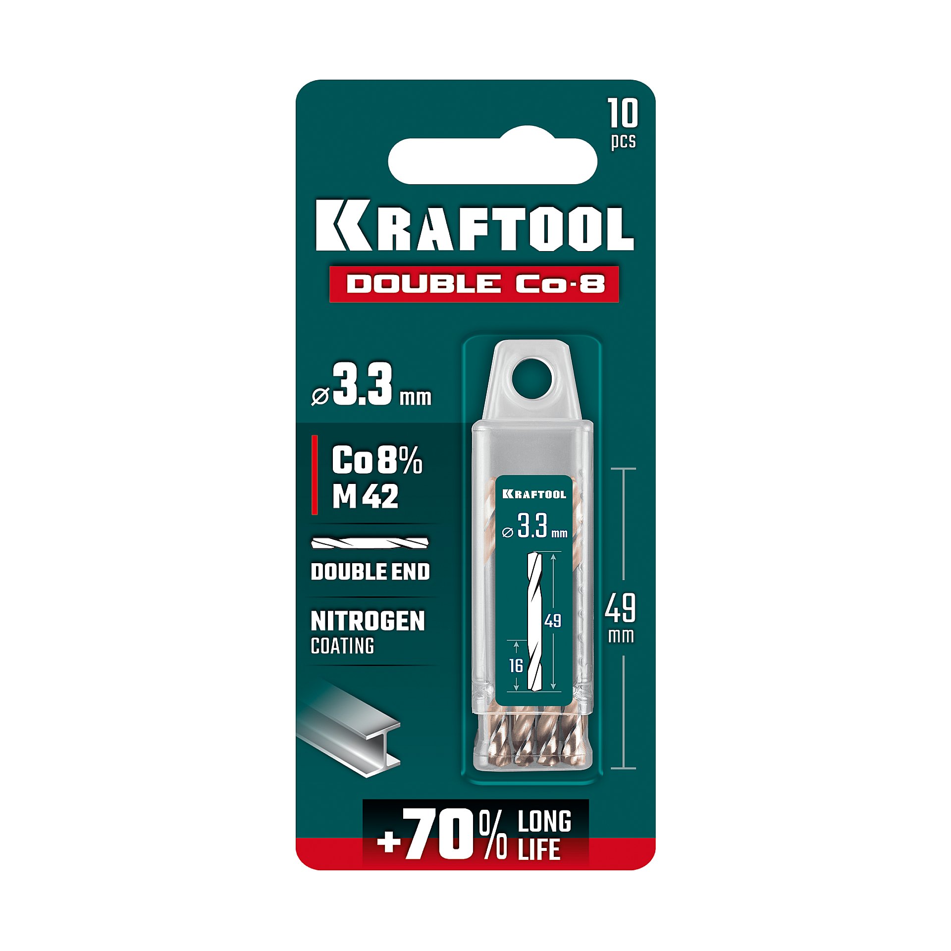 KRAFTOOL DOUBLE Сo-8 3.3х49мм, Сверло двухстороннее по металлу, сталь M42(+8%Co), класс А (29654-3.3-10)