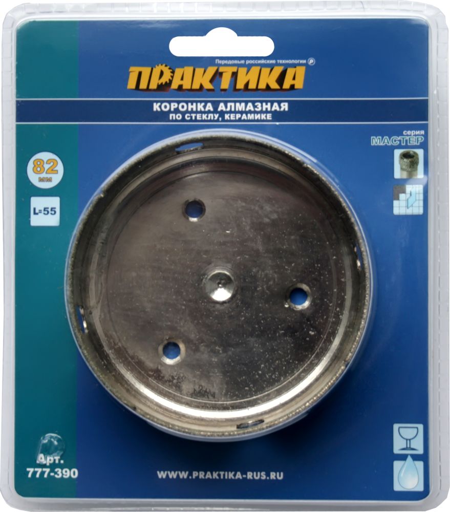 Коронка алмазная ПРАКТИКА  "Мастер" по стеклу и керамике  82 мм (1шт) блистер