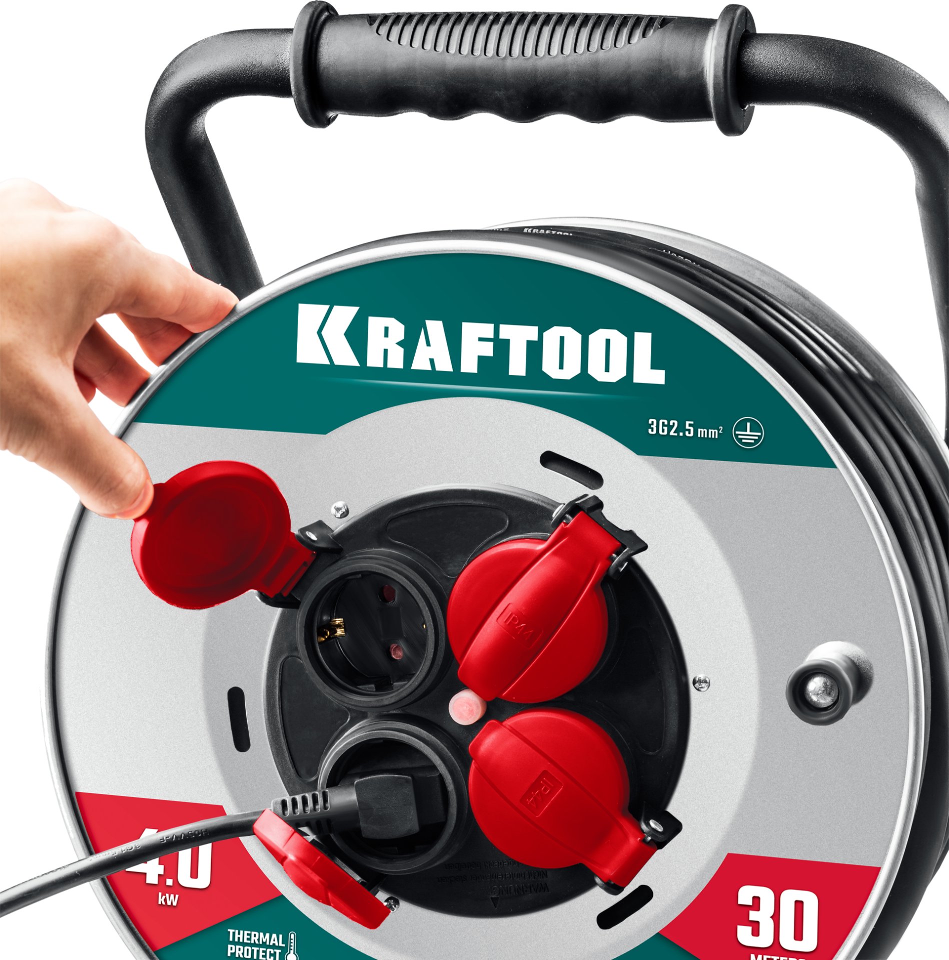 KRAFTOOL HEAVY DUTY 4.0, КГ 3х2.5 30м 4000Вт IP44, силовой удлинитель на стальной катушке (55086-30)
