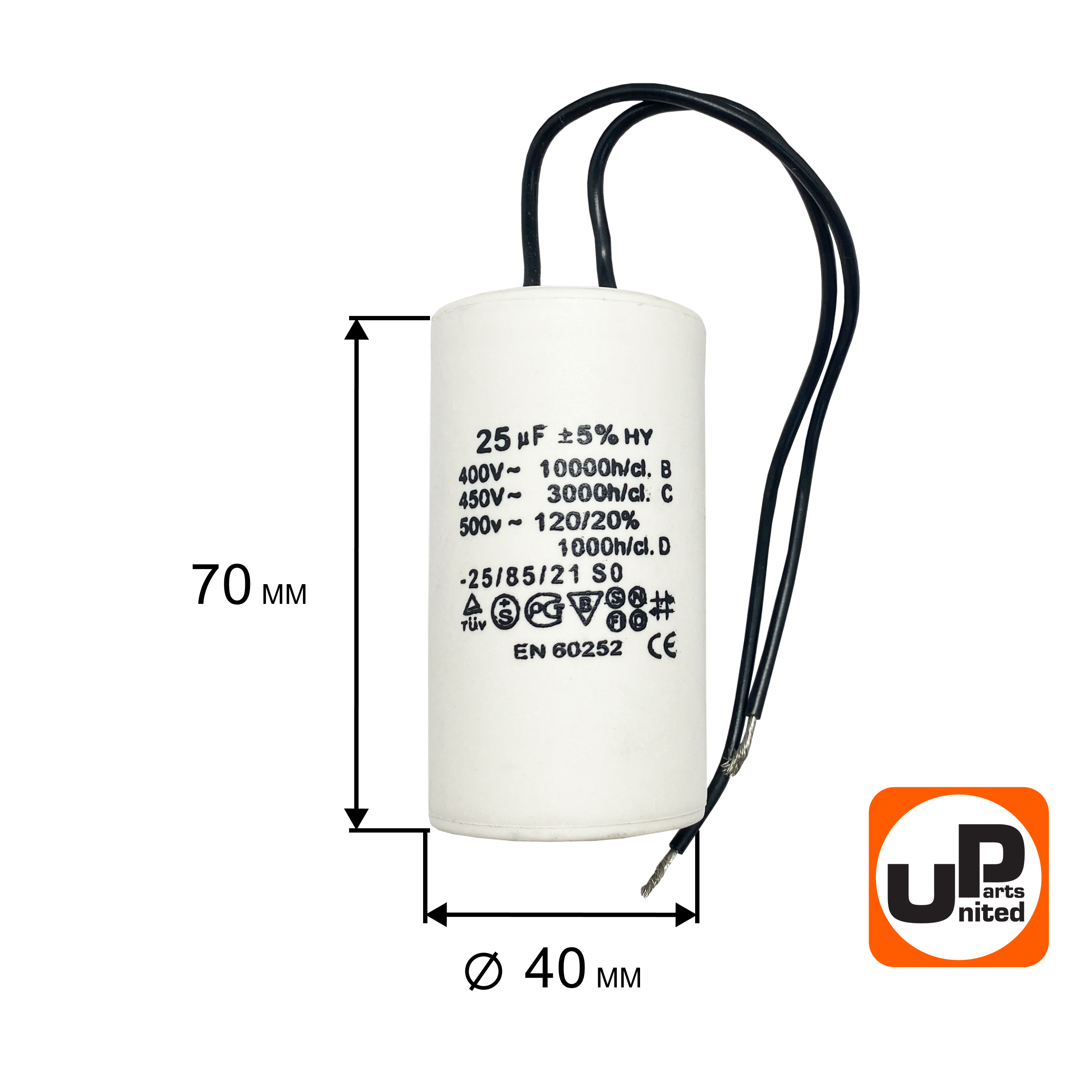 Конденсатор UNITED PARTS CBB60, 25 мкФ, 450В, гибкие выводы (90-0330), шт