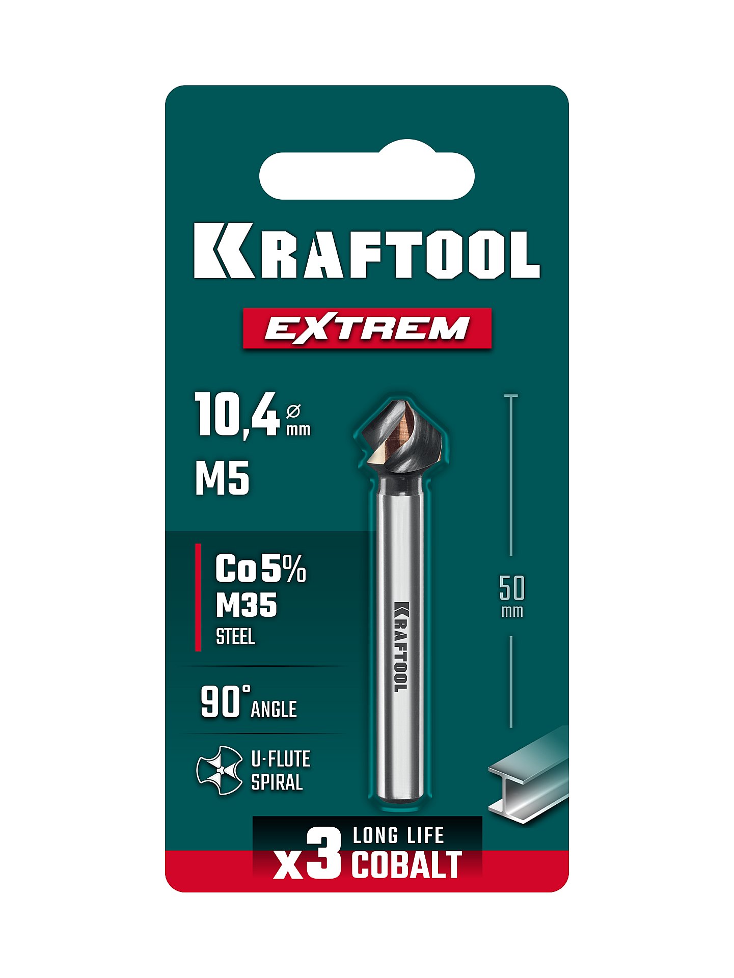 KRAFTOOL EXTREM, d 10.4х6х50 мм, Z3, 90°, сталь M35, U-образная спираль, зенковка (29734-5)