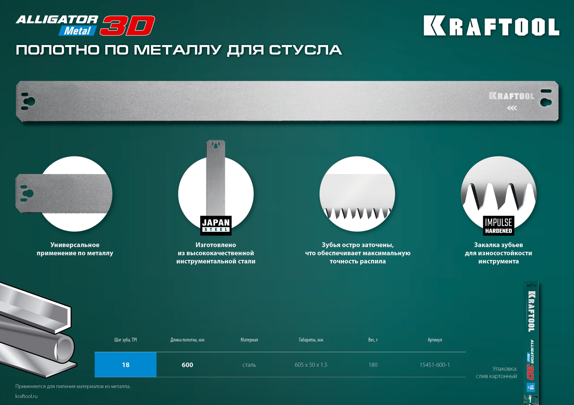 KRAFTOOL Alligator 3D, 600 мм, полотно по металлу для прецизионного стусла (15451-600-1)