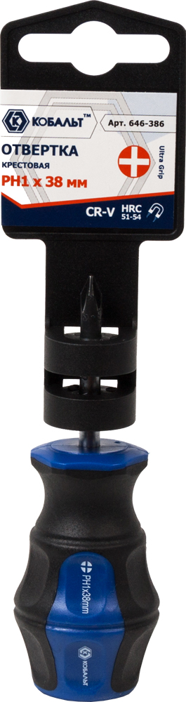 Отвёртка КОБАЛЬТ Ultra Grip PH-1 х 38 ммCR-V, двухкомпонентная рукоятка (1 шт.) подвес