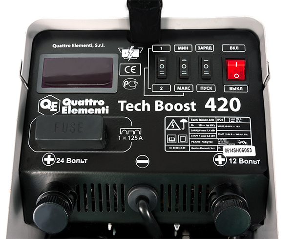 Пуско-зарядное устройство QUATTRO ELEMENTI Tech Boost 420 ( 12 / 24 Вольт, заряд до 75А, пуск до 390 А, 23кг)