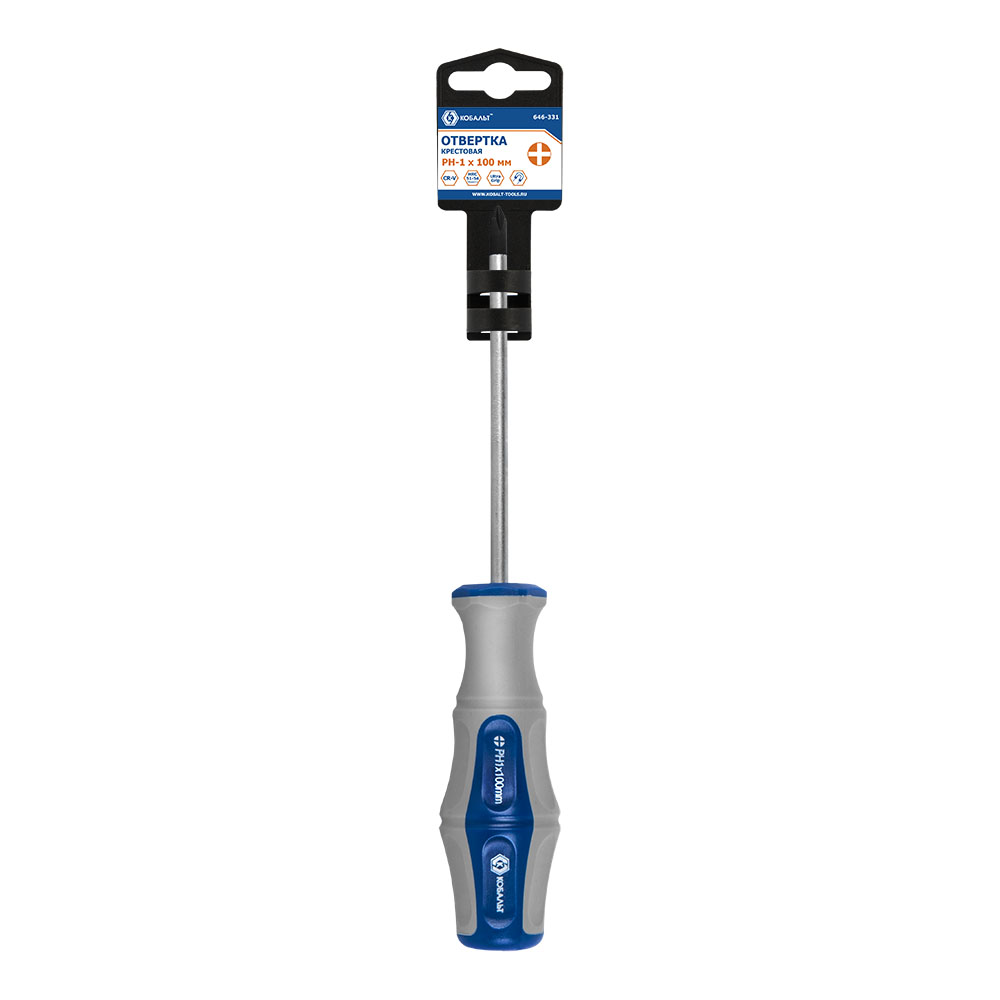 Отвёртка КОБАЛЬТ Ultra Grip PH-1 х 100 ммCR-V, двухкомпонентная рукоятка (1 шт.) подвес