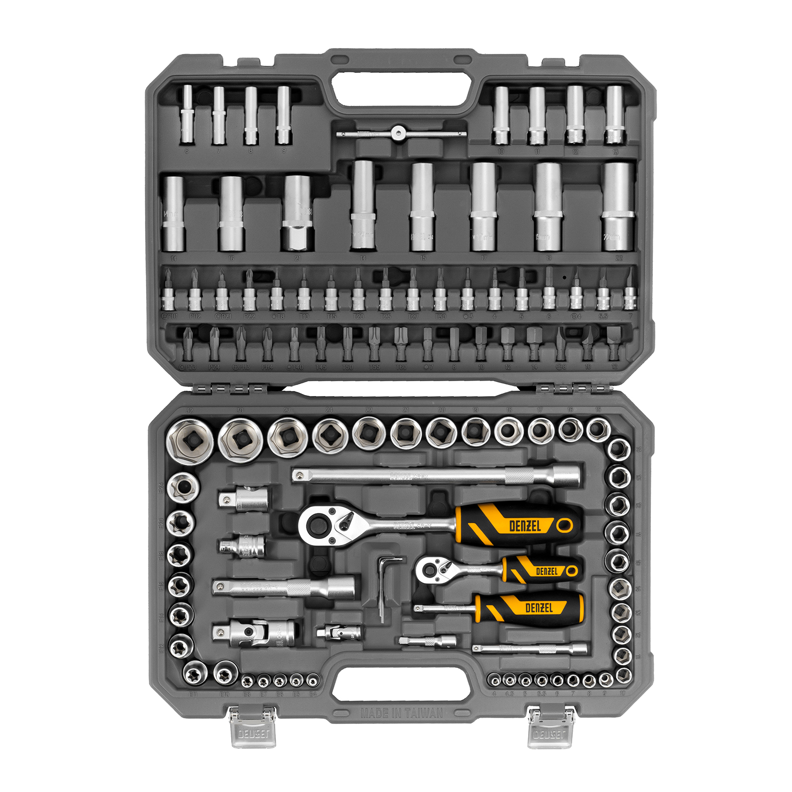 Набор инструментов, 1/2", 1/4", CrV, S2, пластиковый кейс, 109 предметов Denzel