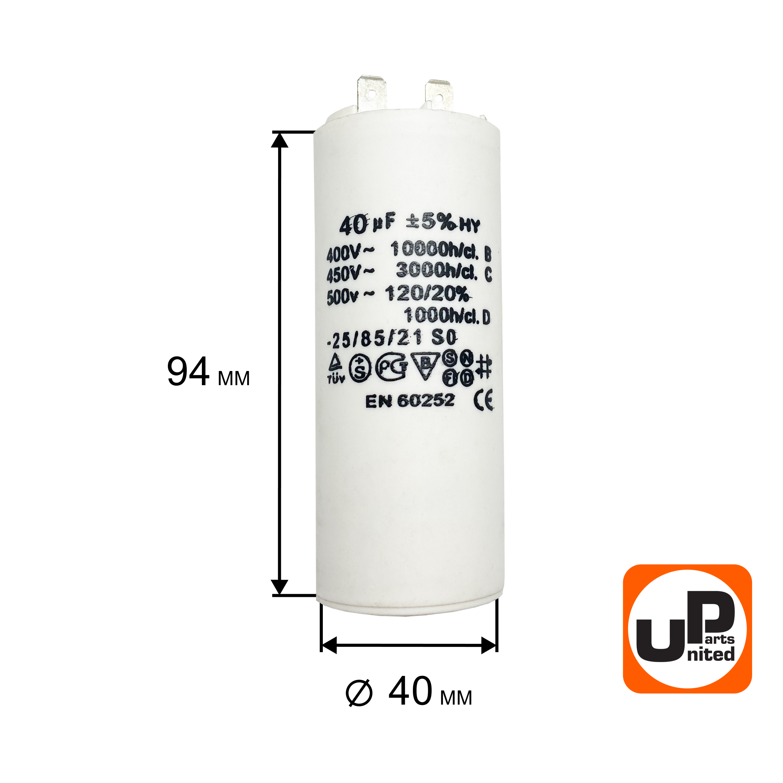Конденсатор UNITED PARTS CBB60, 40 мкФ, 450В, 2 клеммы (90-0981), шт