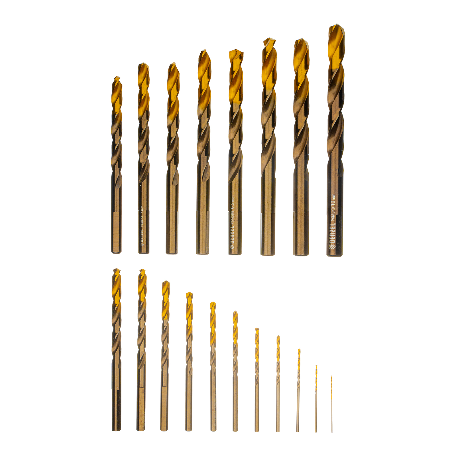 Набор сверл по металлу, 1-10 мм, Р6М5К8-TiN, Golden Tip, 19 шт Denzel
