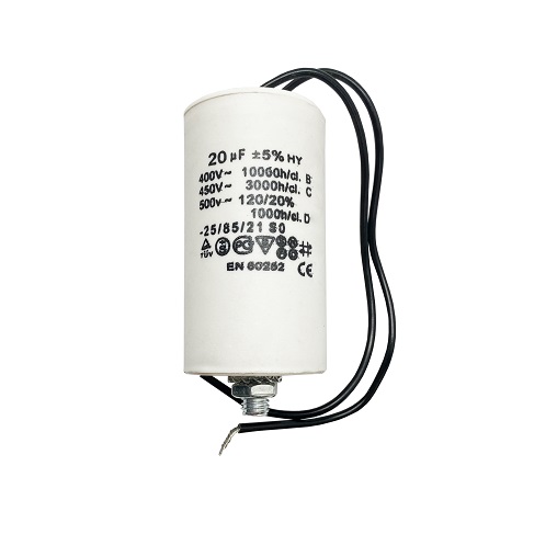 Конденсатор UNITED PARTS CBB60, 20 мкФ, 450В, гибкие выводы, шпилька М8 (90-1006), шт