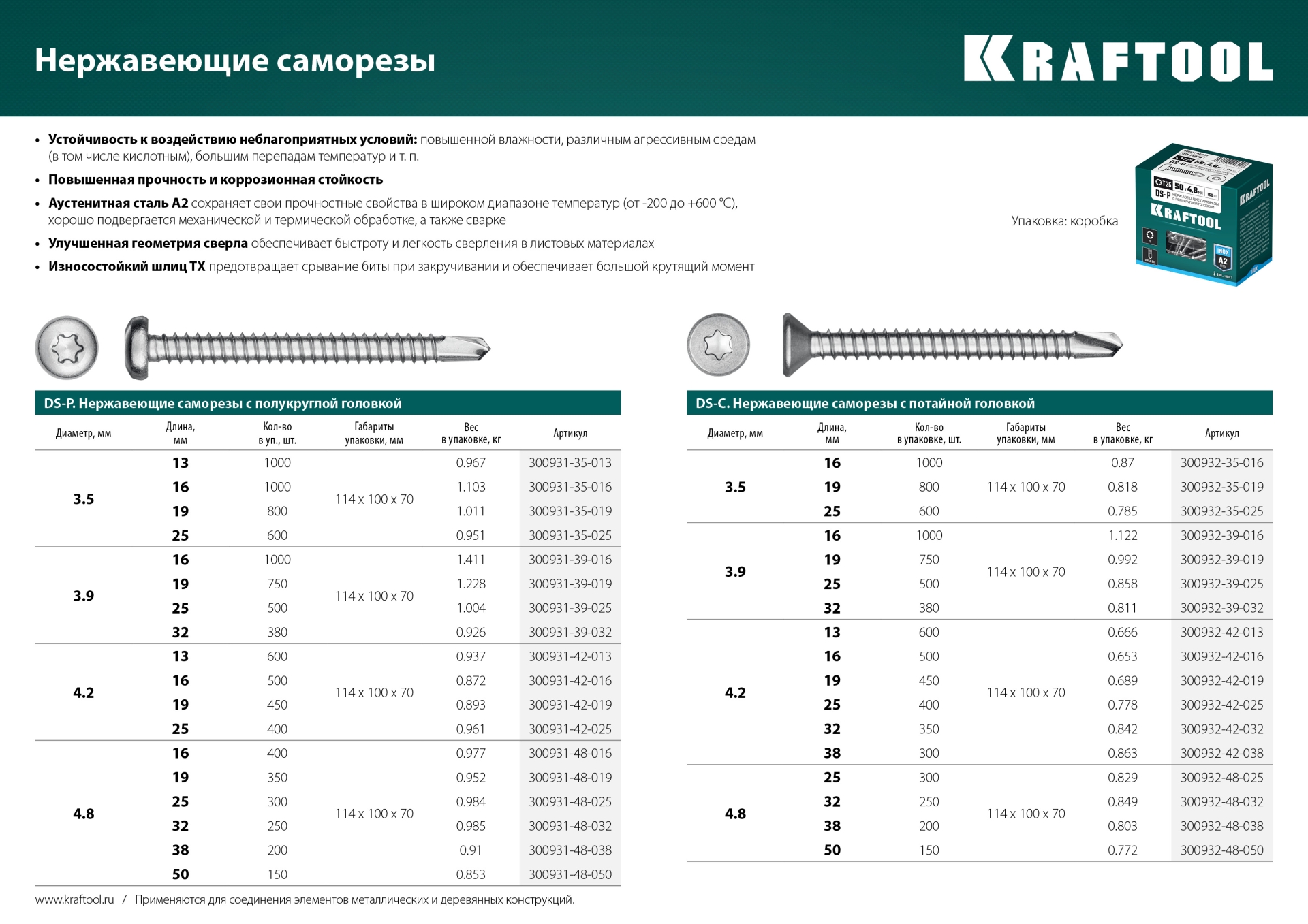 KRAFTOOL DS-P, 16 х 3.5 мм, А2, сверло, полукруглая головка, ТХ15, 1000 шт, саморез нержавеющий (300931-35-016)